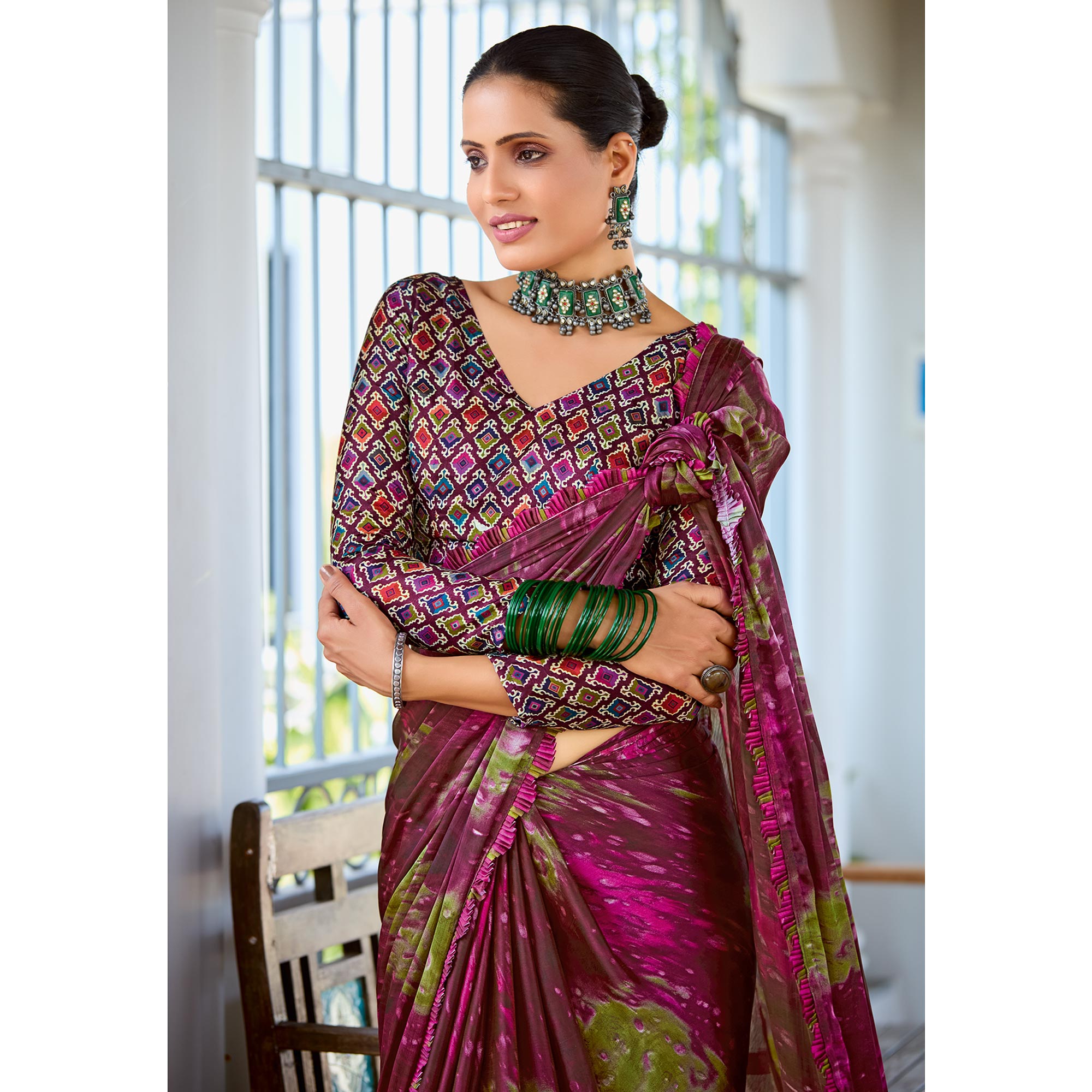 Wine Printed Satin Saree With Frill Border