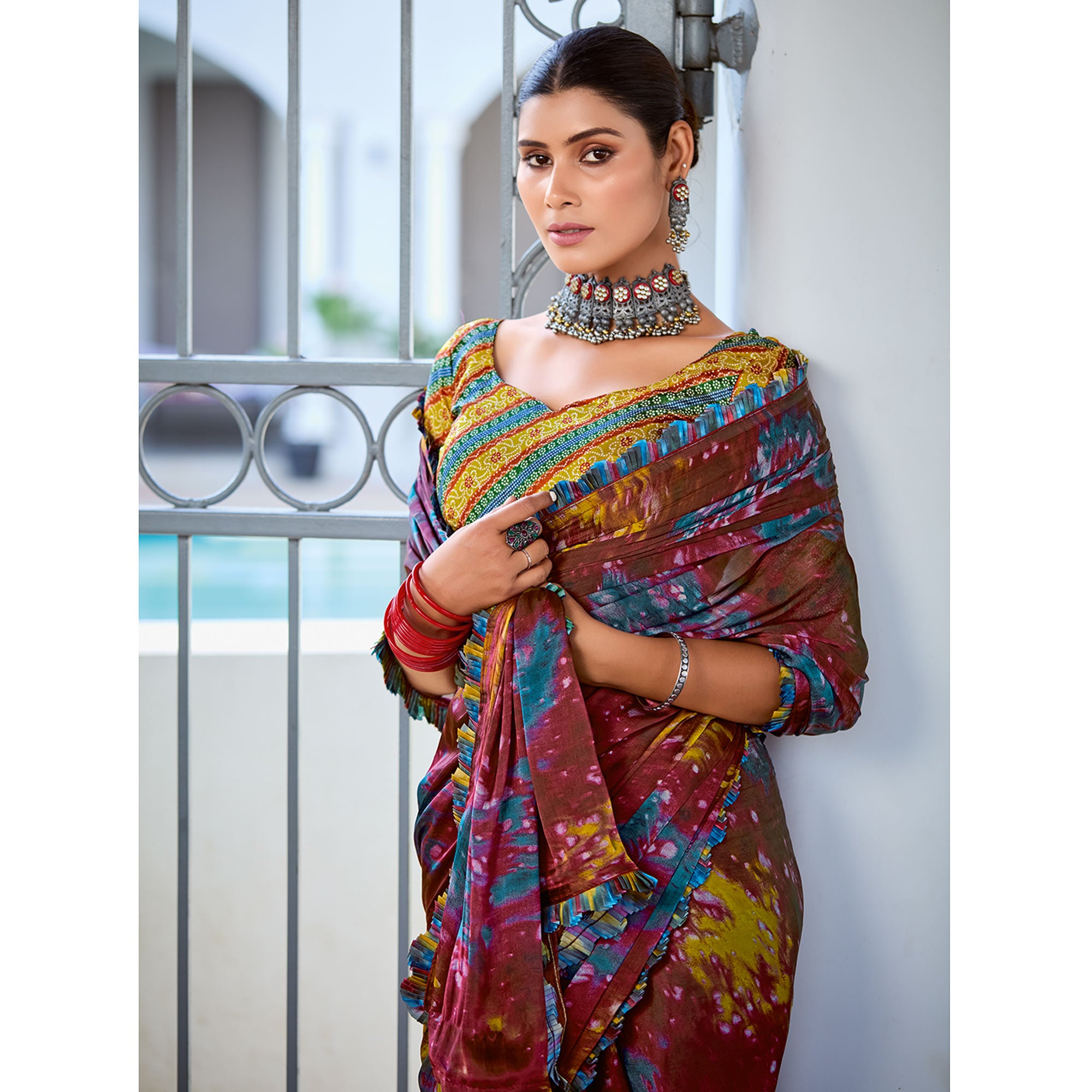 Dark Brown Printed Satin Saree With Frill Border