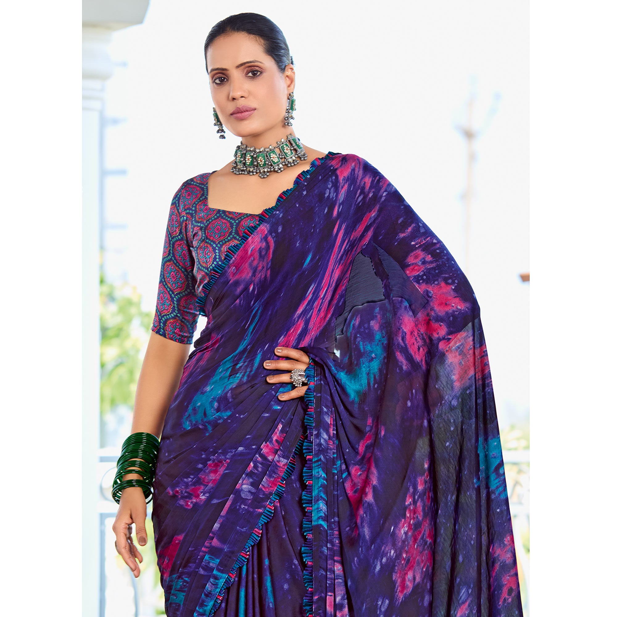 Purple Printed Satin Saree With Frill Border