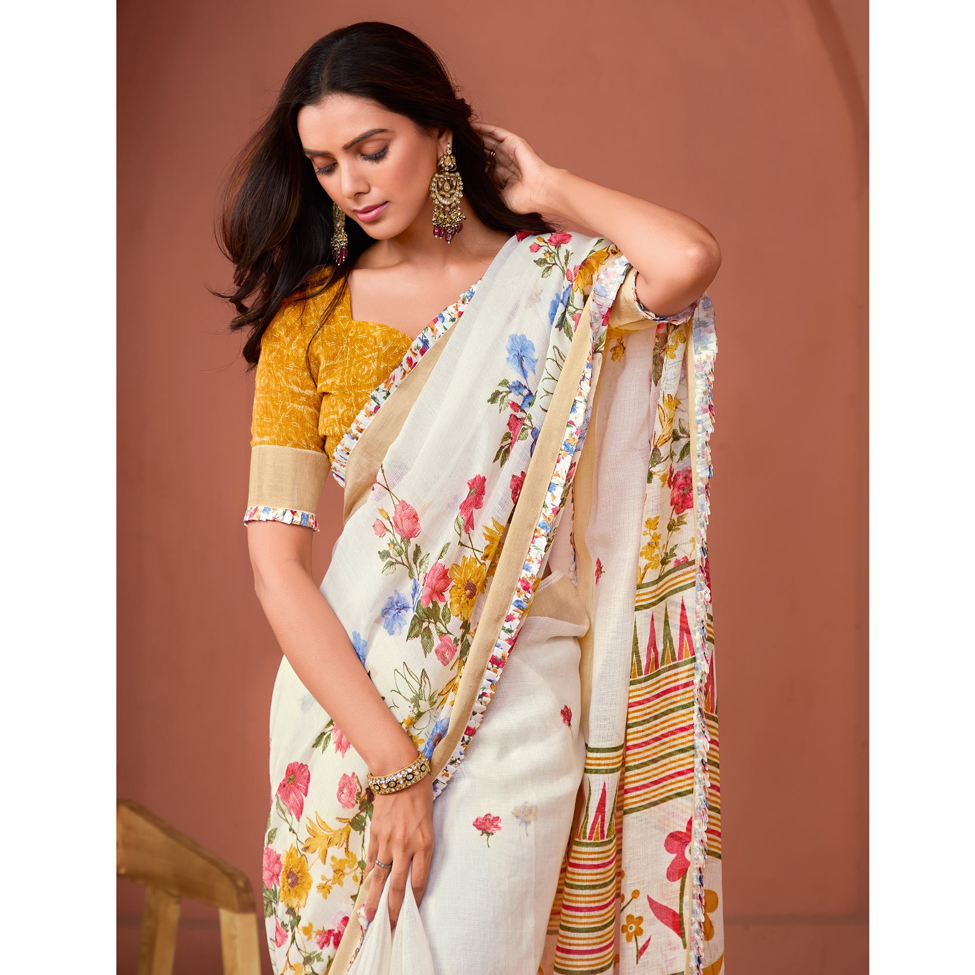 Off White Floral Printed Pure Cotton Saree