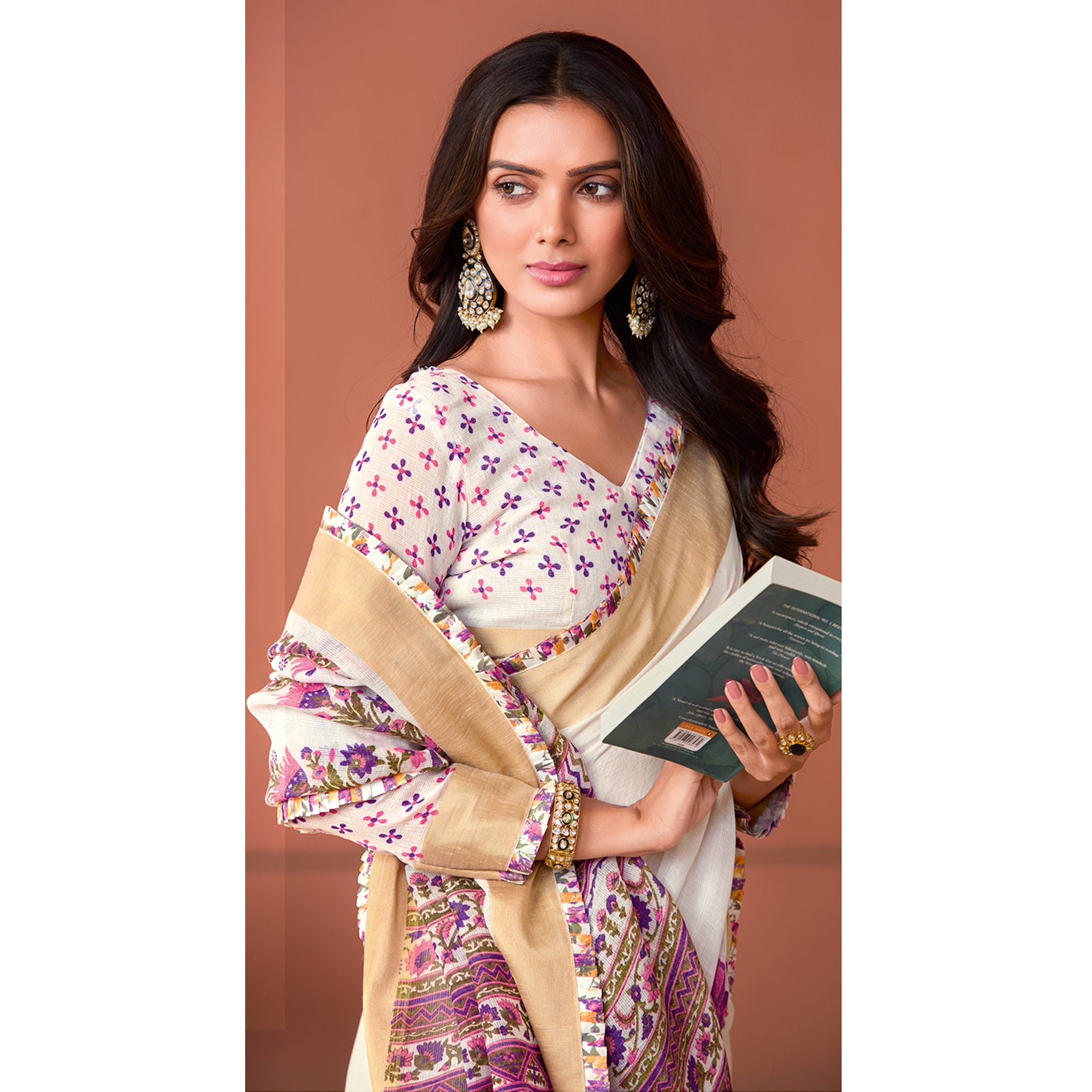Off White Floral Printed Pure Cotton Saree