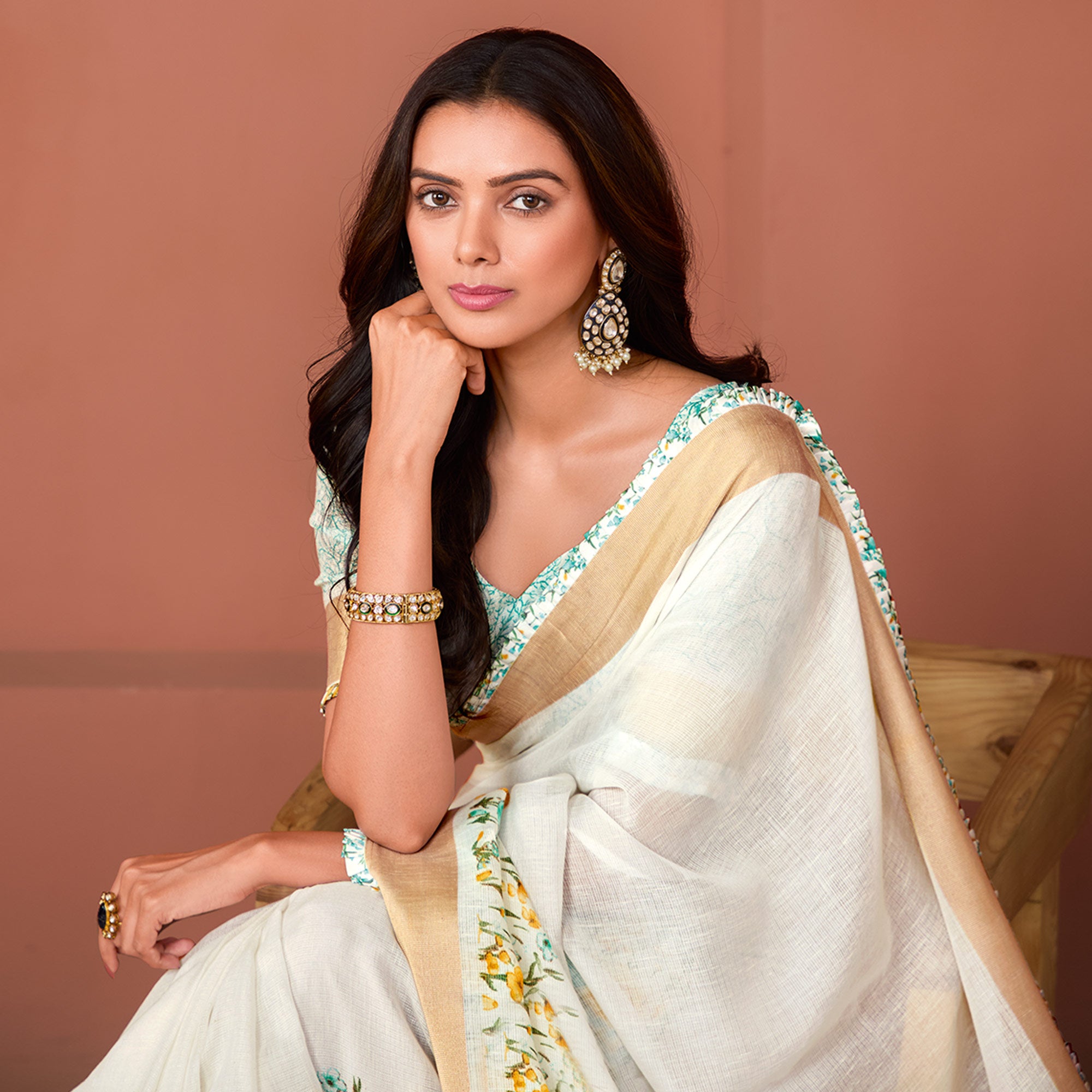 Off White Floral Printed Pure Cotton Saree