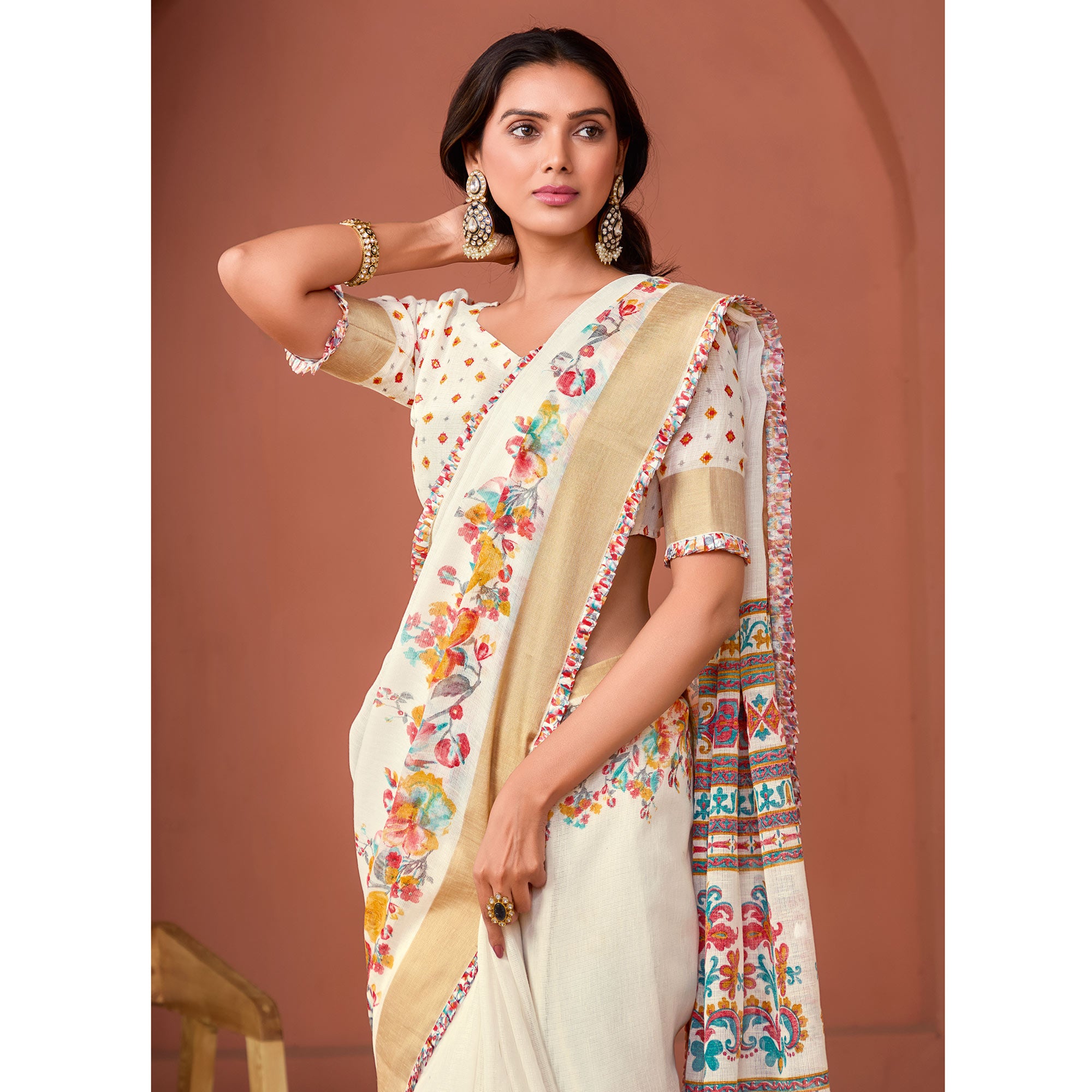 Off White Floral Printed Pure Cotton Saree