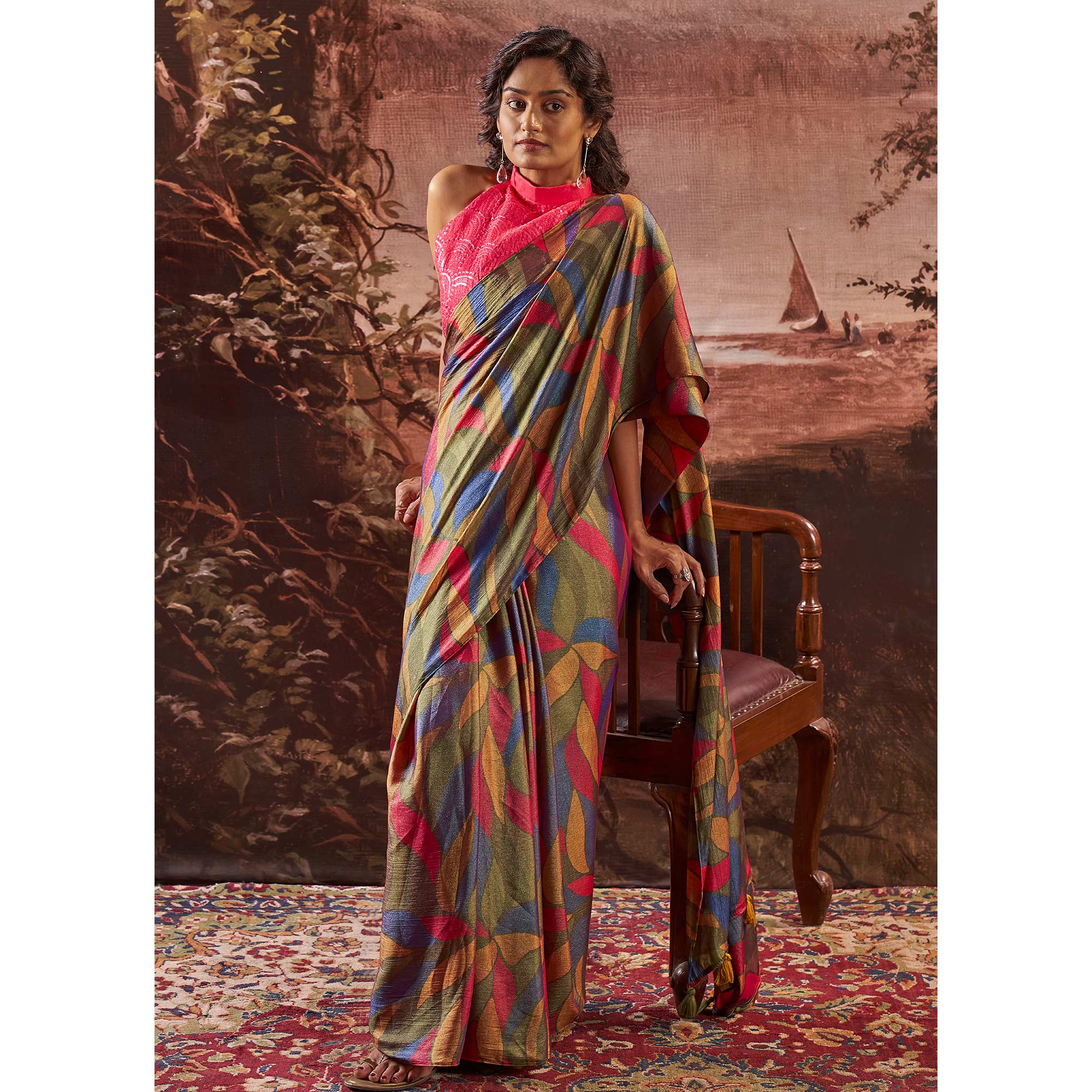 Olive Green Printed Nylon Saree With Tassels
