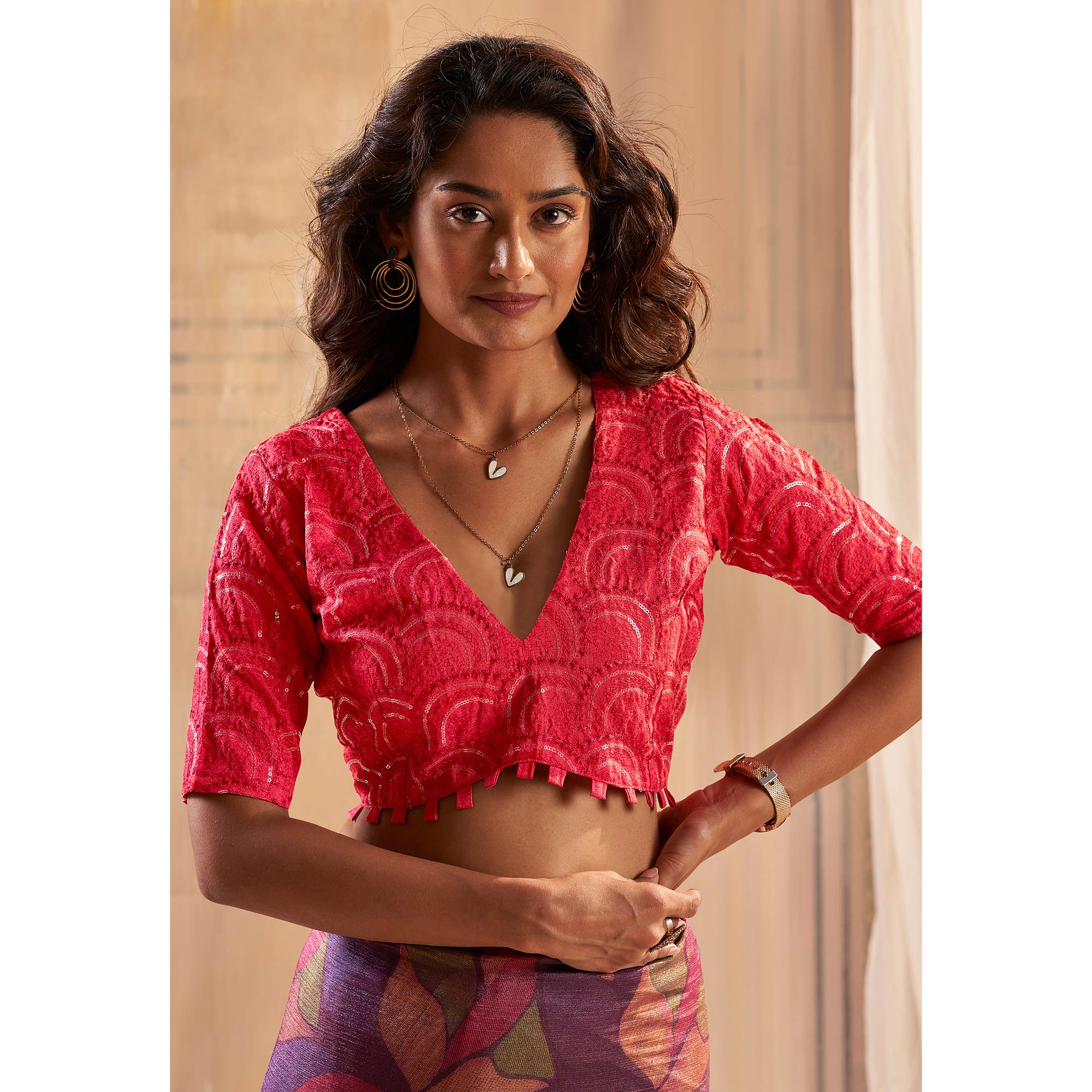 Magenta Printed Nylon Saree With Tassels