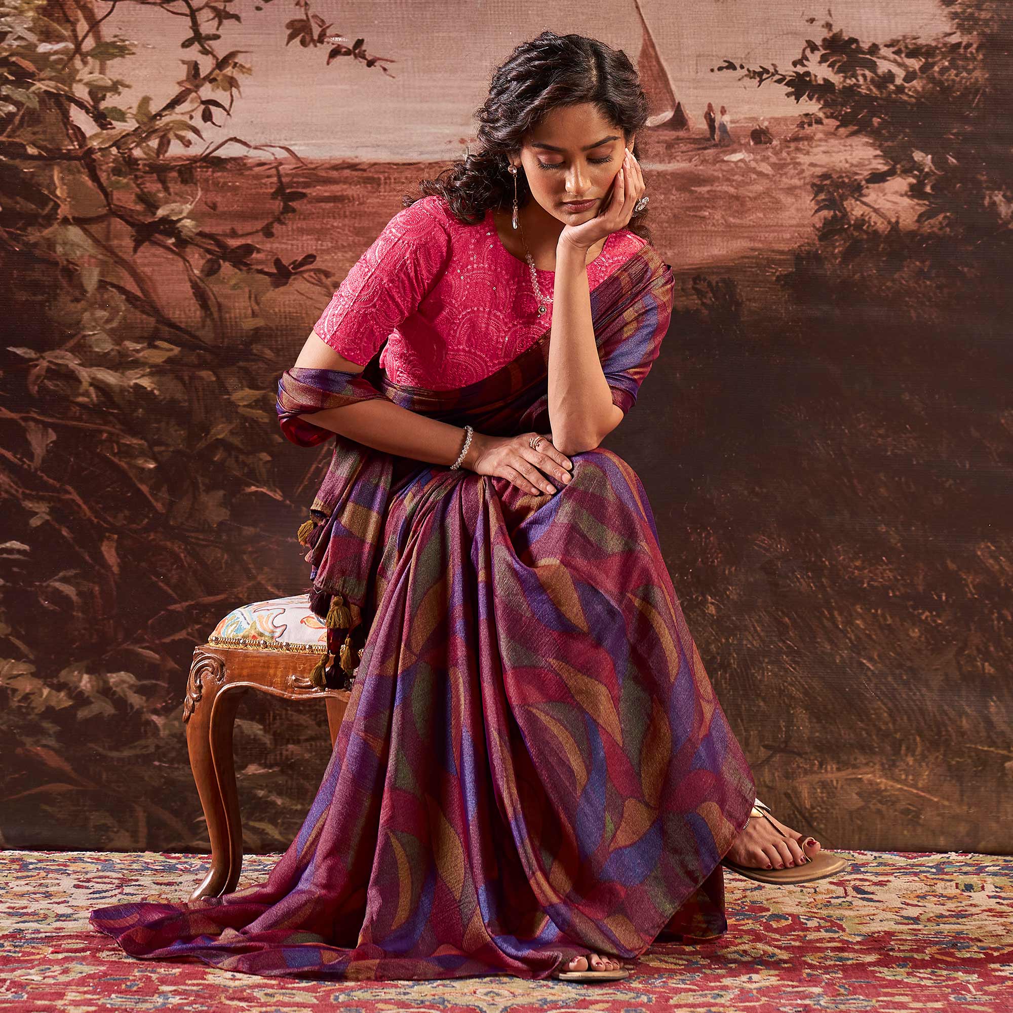 Purple Printed Nylon Saree With Tassels