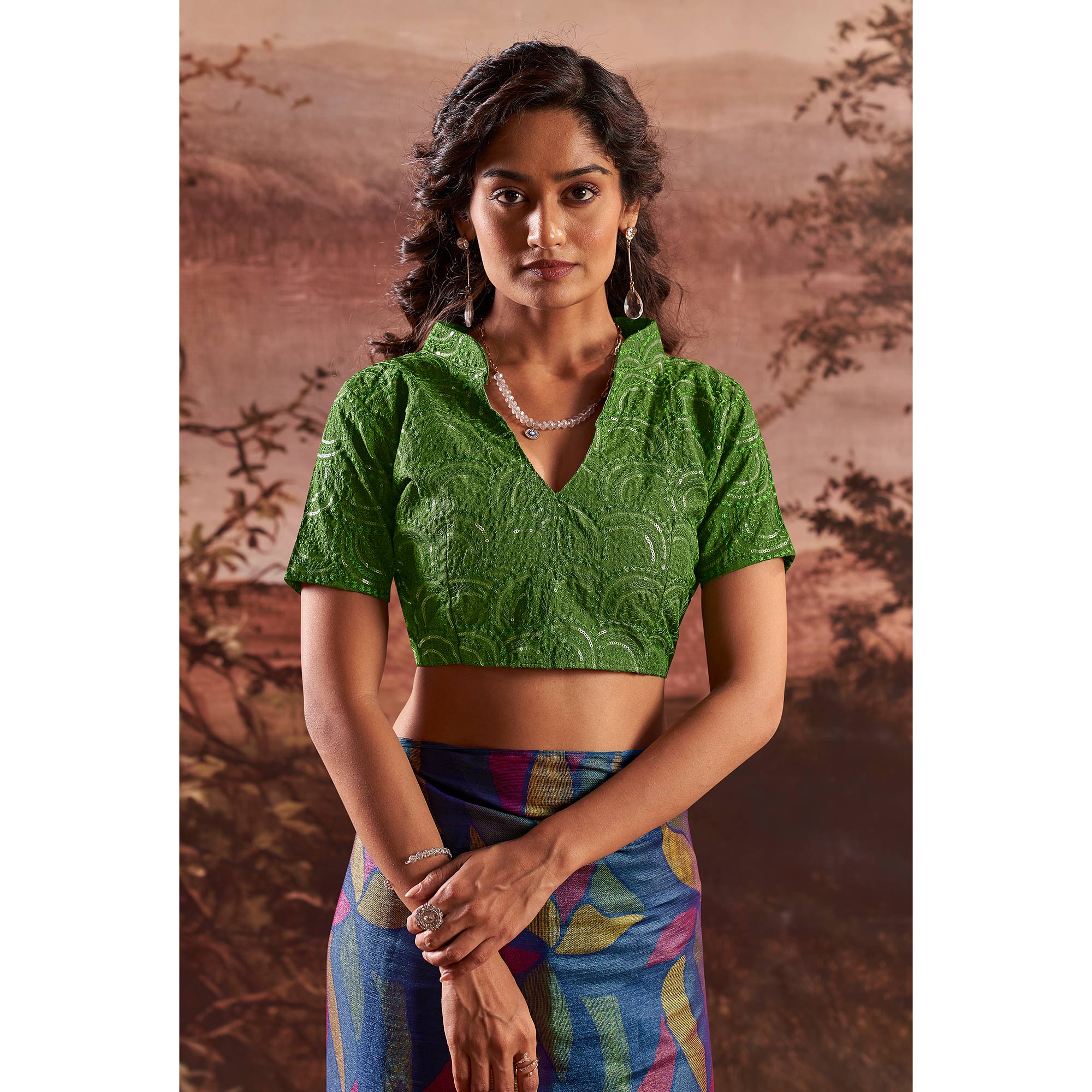 Blue Printed Nylon Saree With Tassels