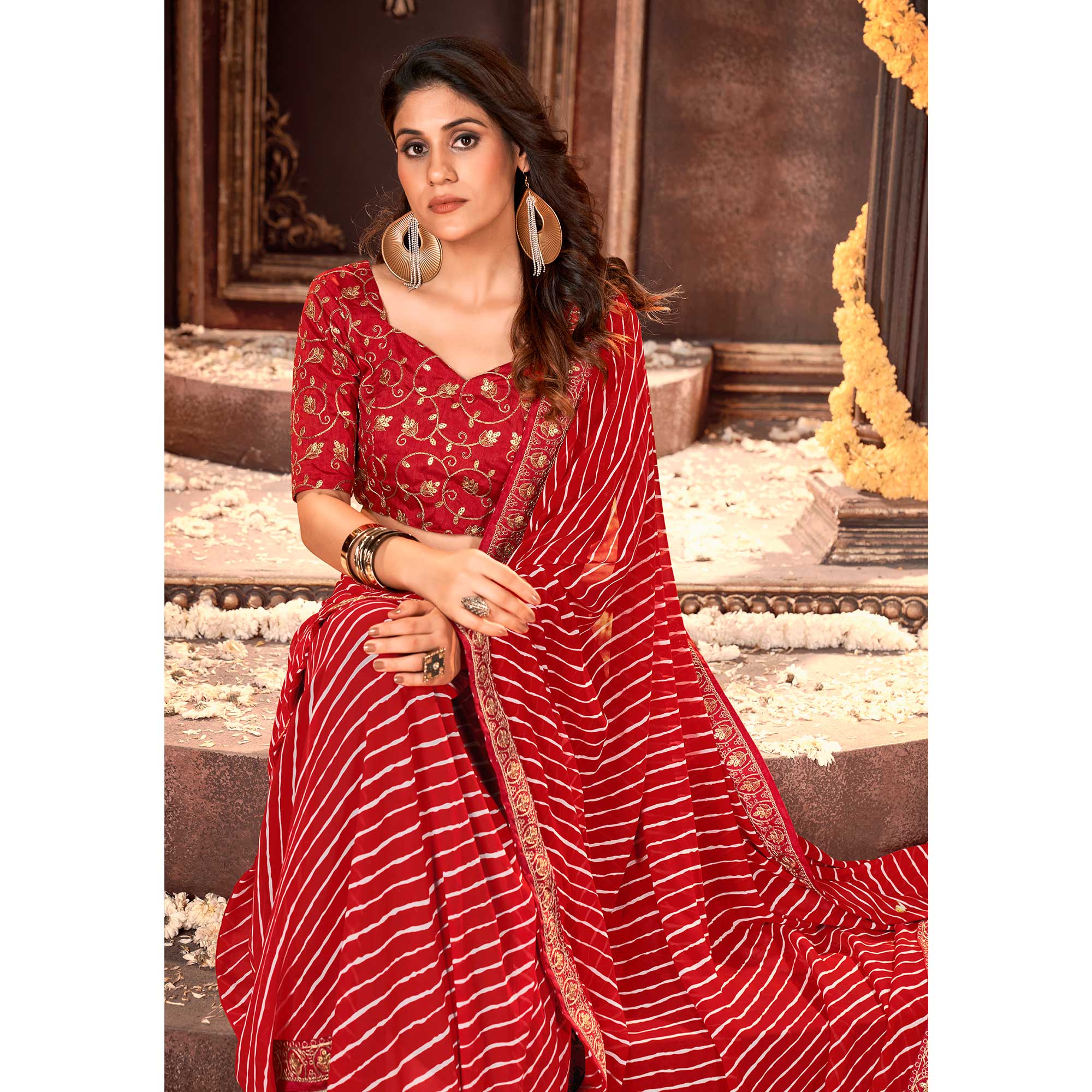 Red Striped Printed Georgette Saree