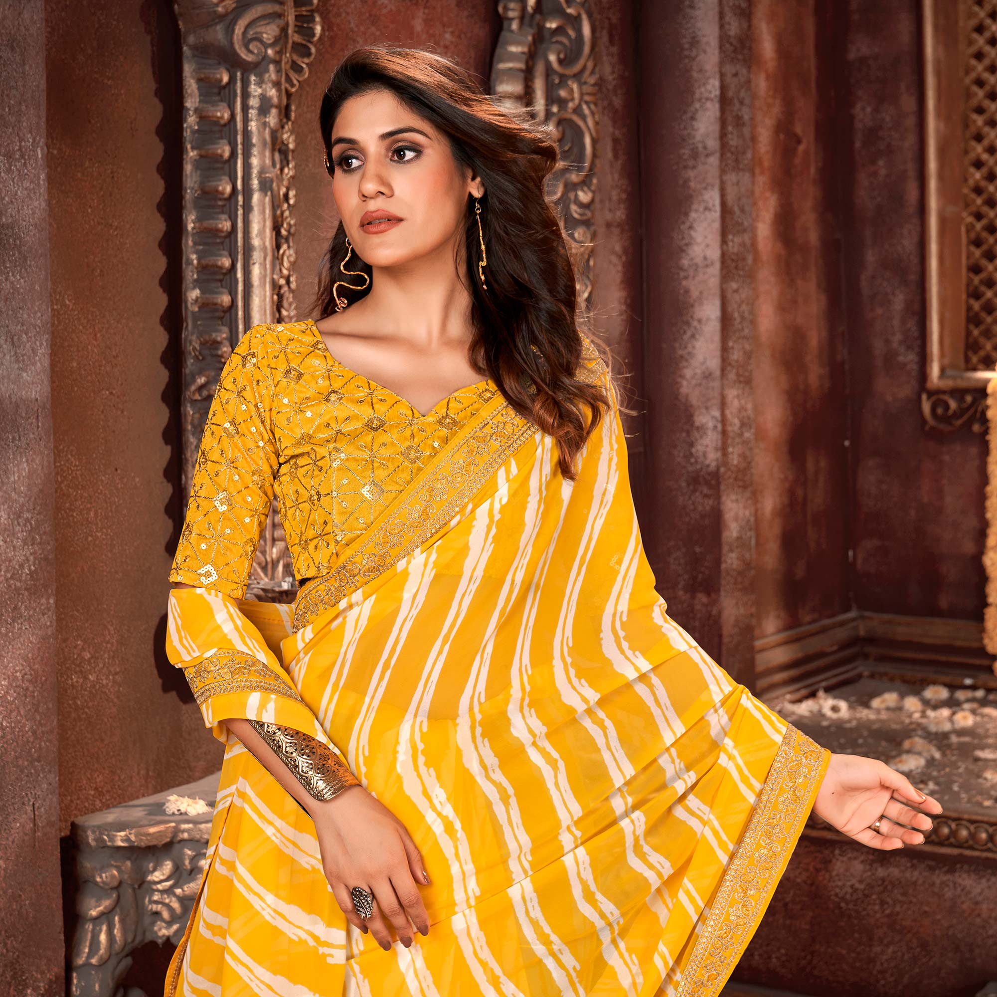 Yellow Striped Printed Georgette Saree