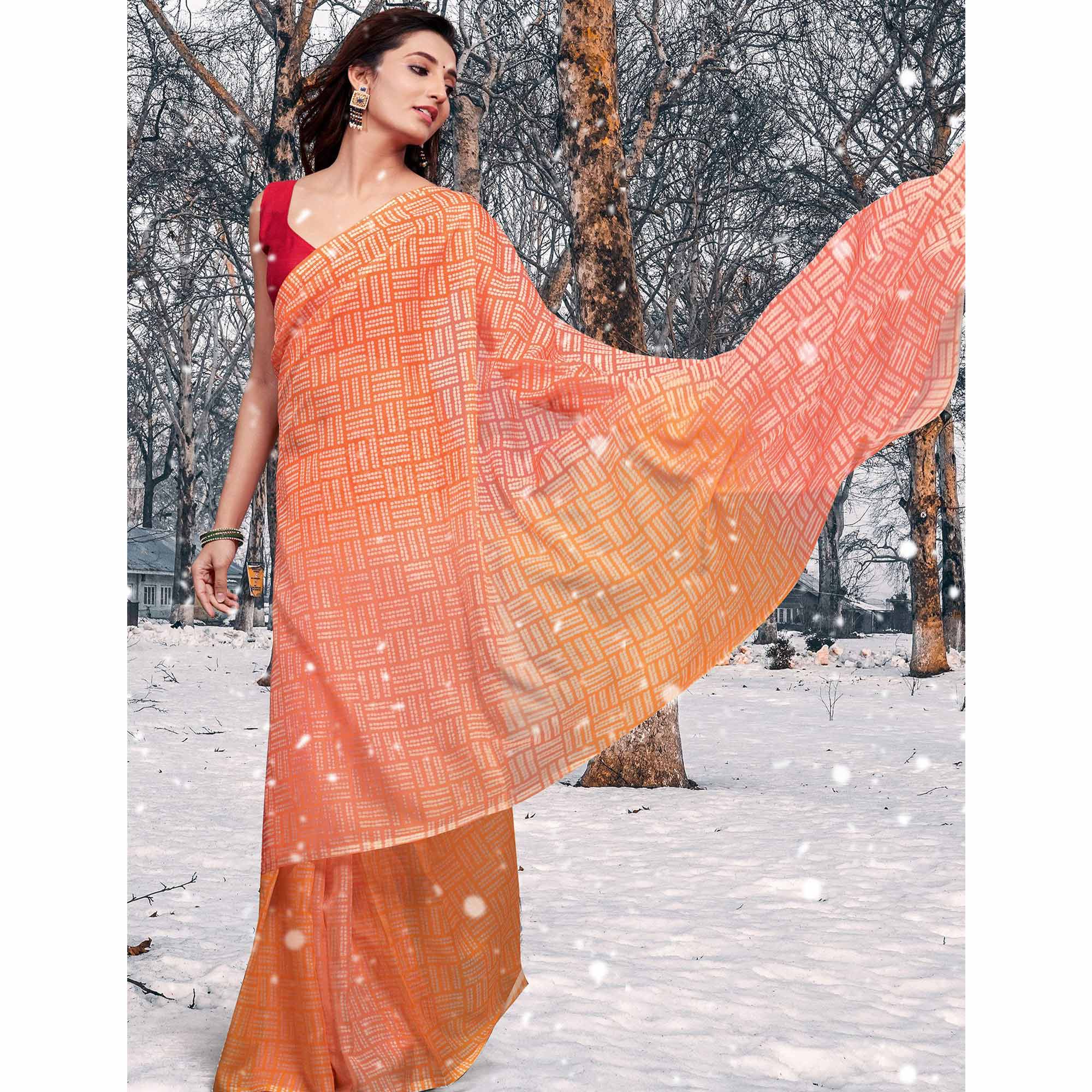 Orange & Yellow Printed Organza Saree