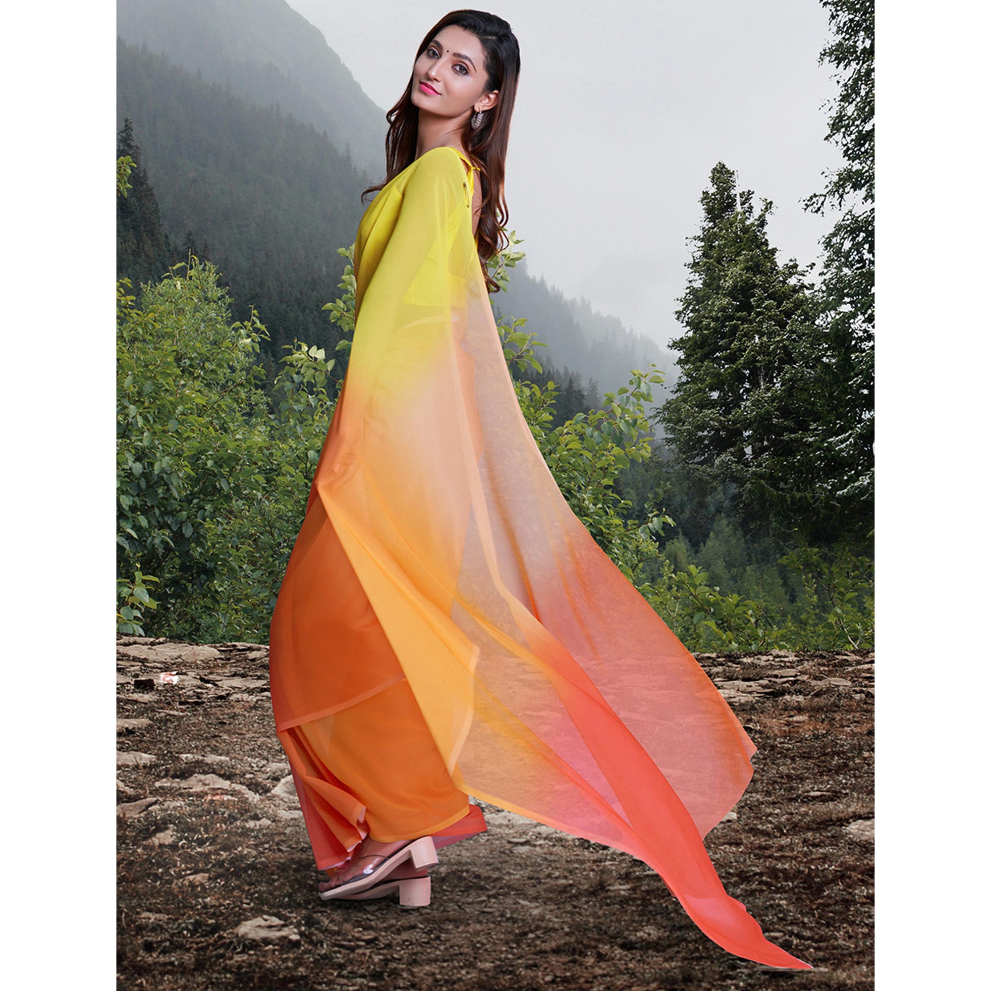 Orange & Yellow Printed Organza Saree