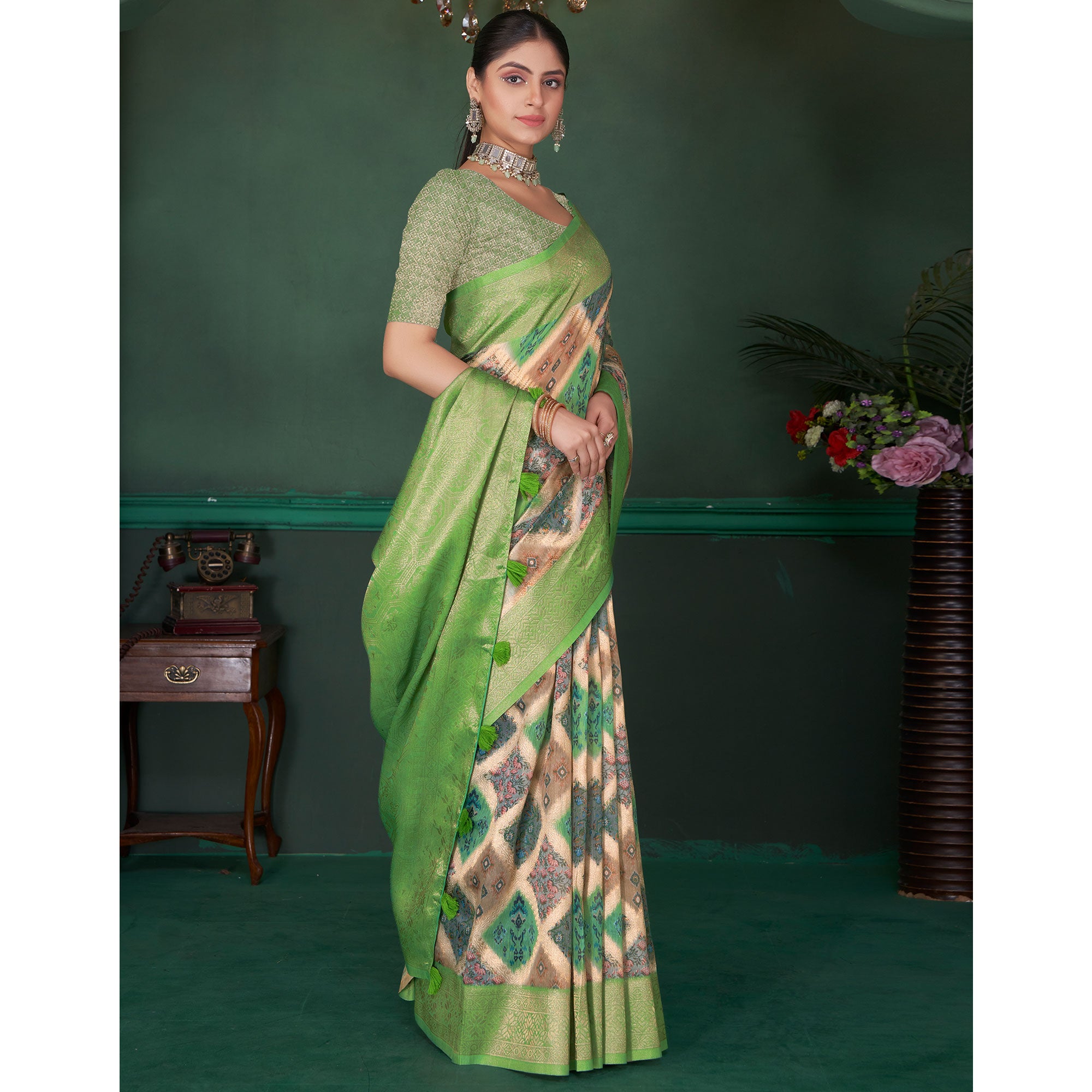 Green Woven With Floral Digital Printed Cotton Saree