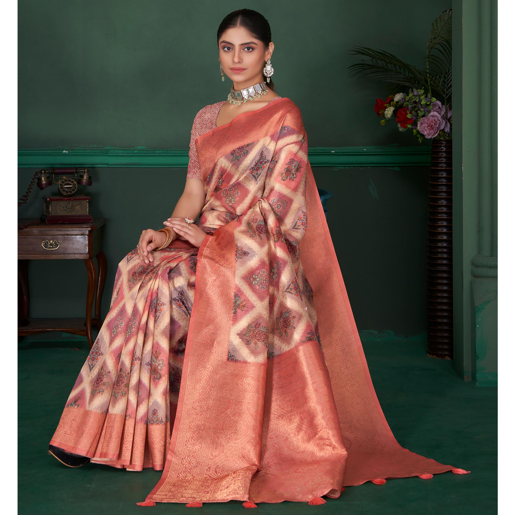 Peach Woven With Floral Digital Printed Cotton Saree