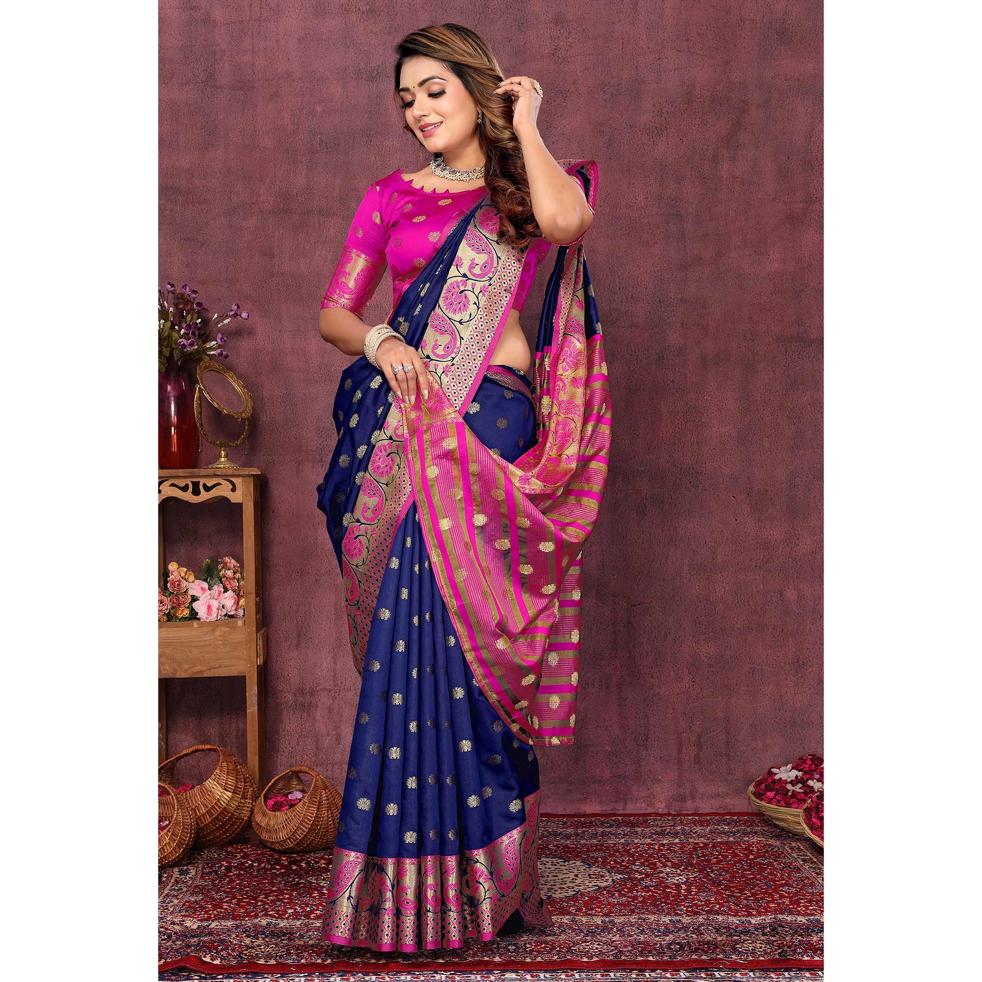 Navy Blue Flora Woven Art Silk Saree
