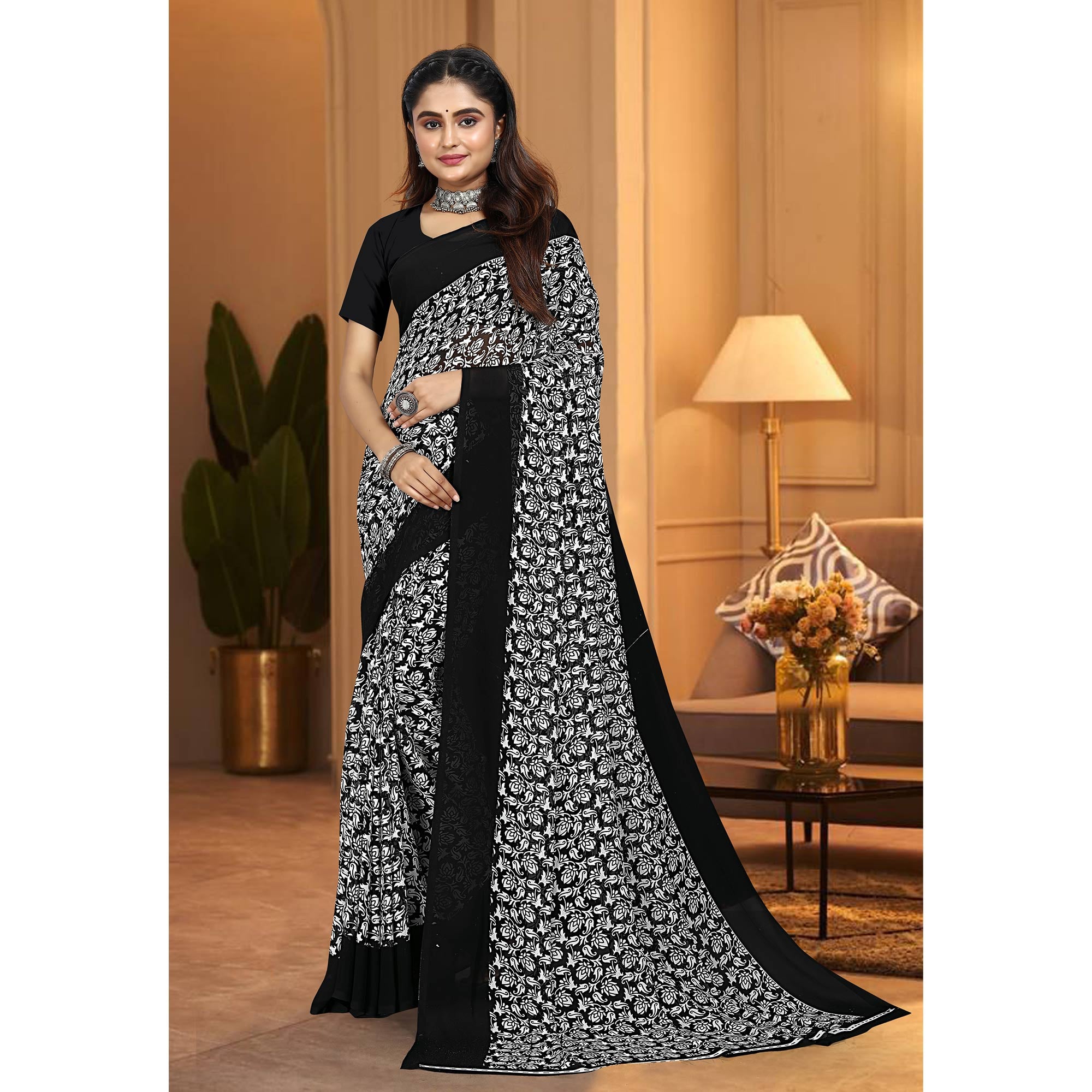 Black & White Floral Printed Georgette Saree