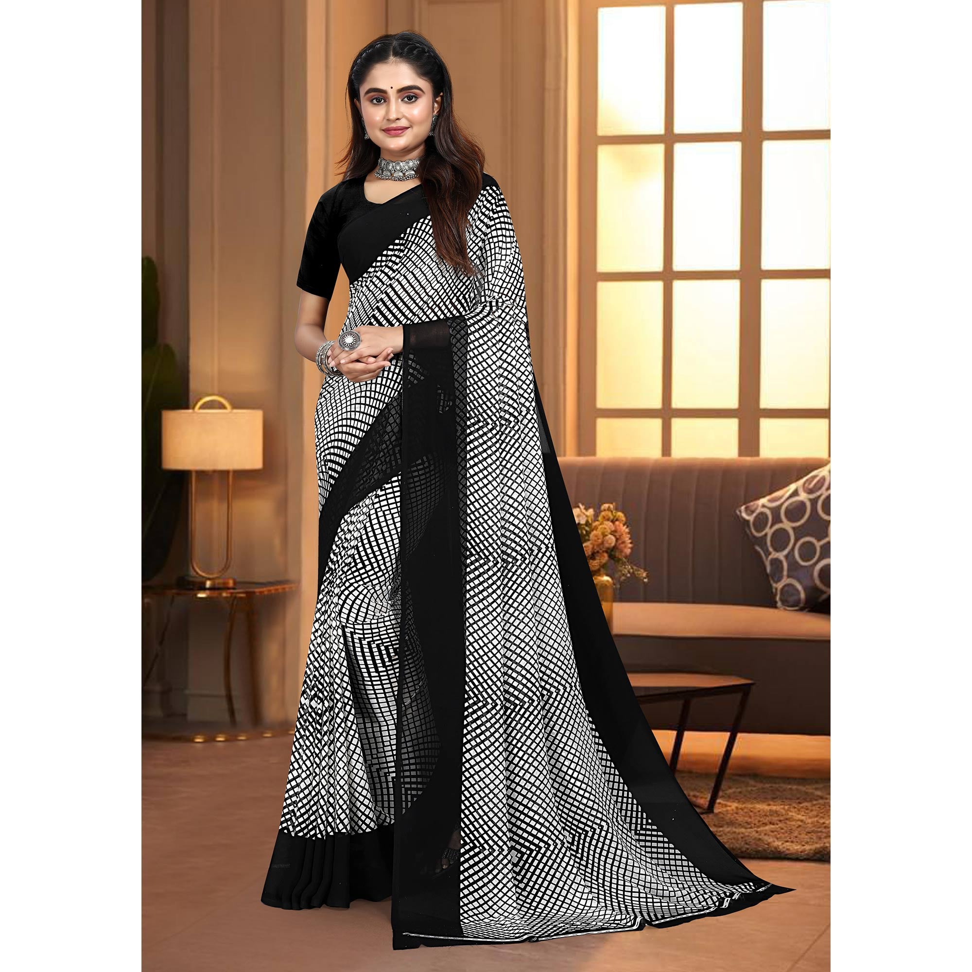 Black & White Printed Georgette Saree