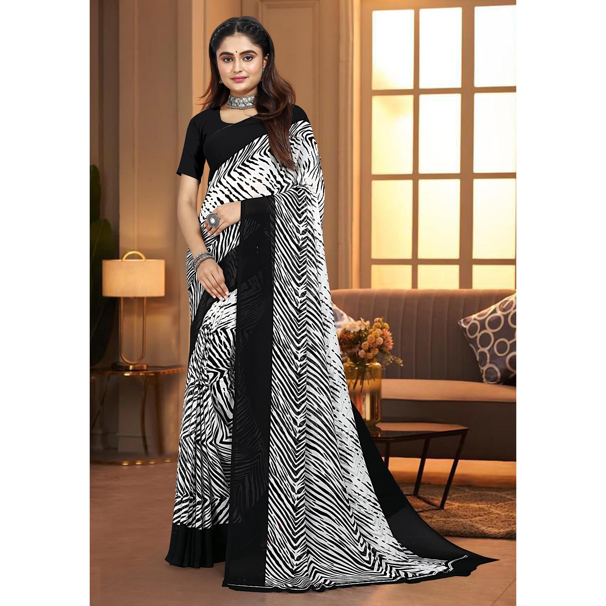 Black & White Striped Printed Georgette Saree