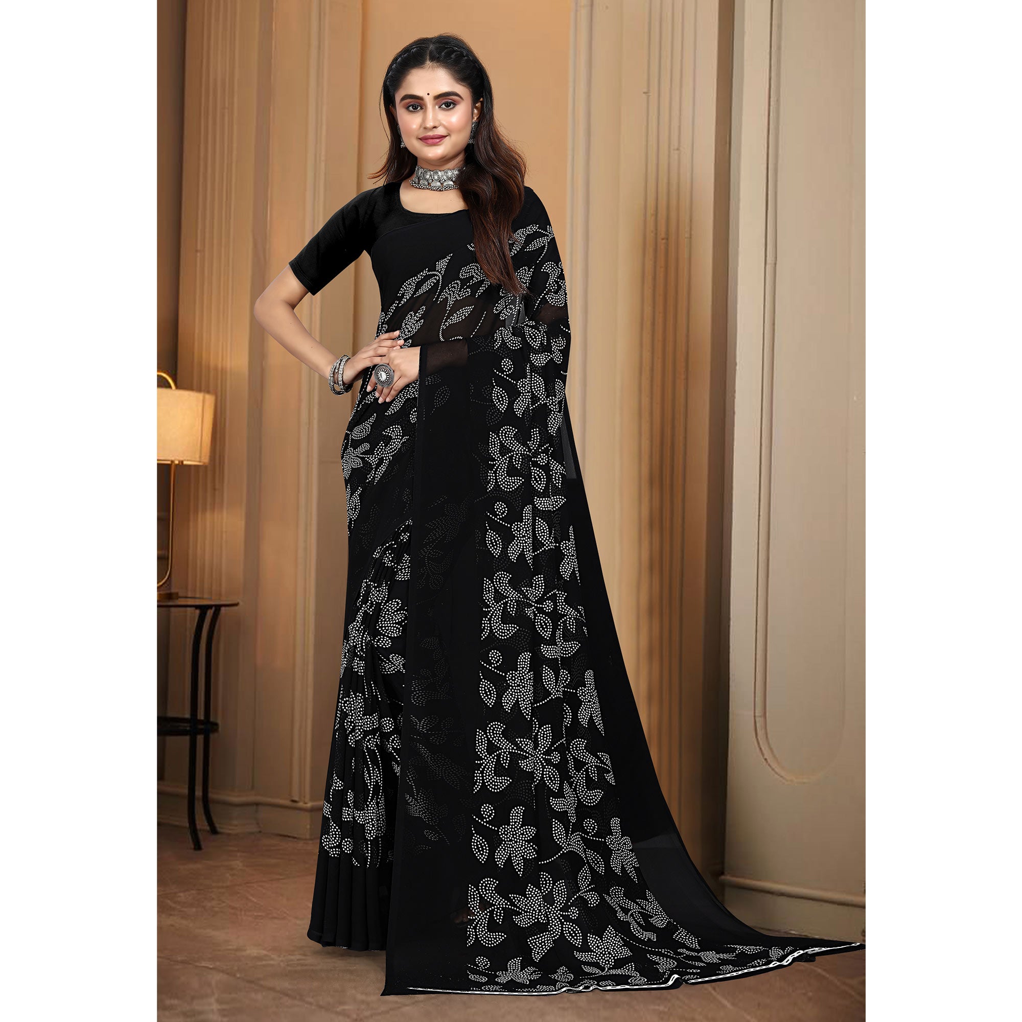 Black & White Floral Printed Georgette Saree