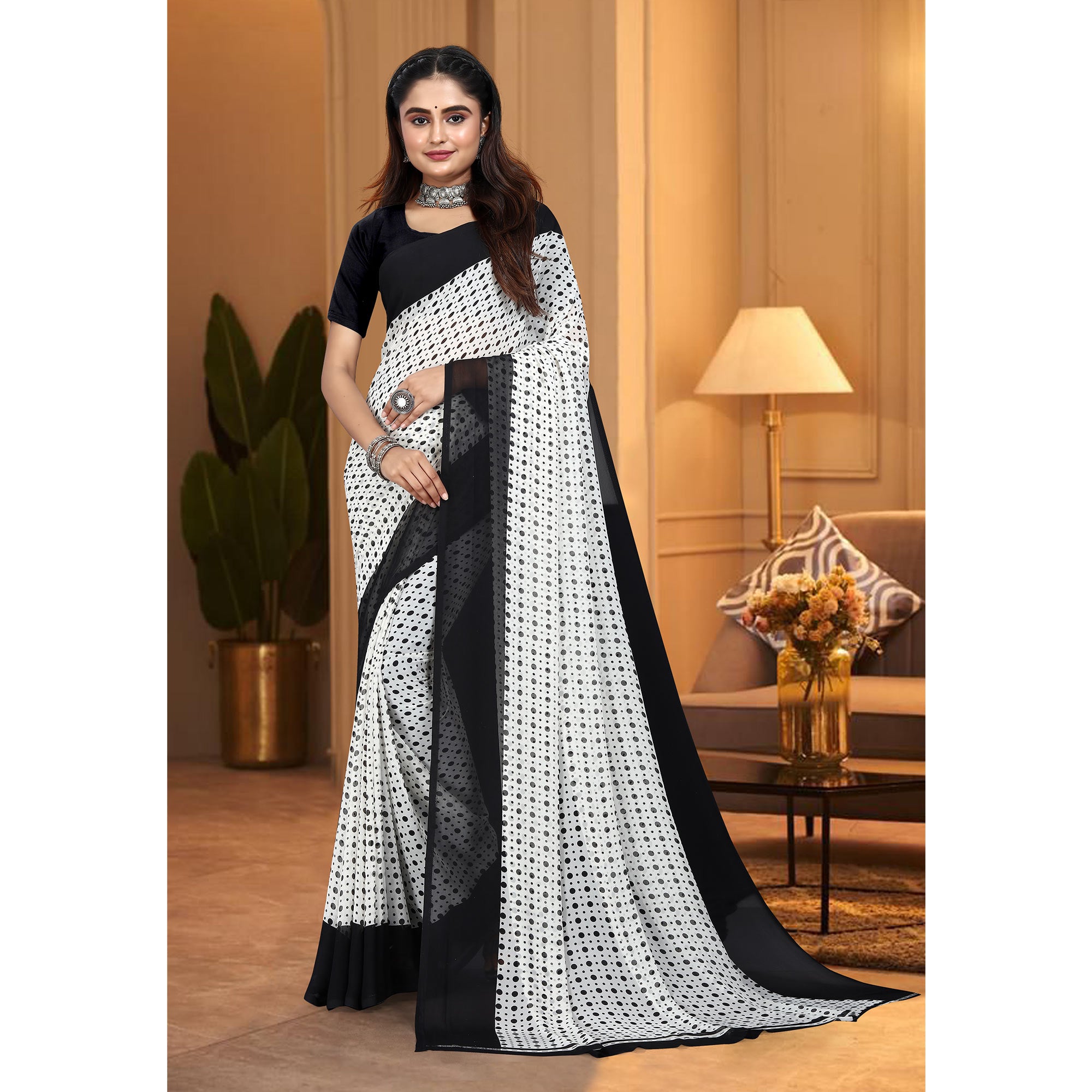 White & Black Polka Dot Printed Georgette Saree