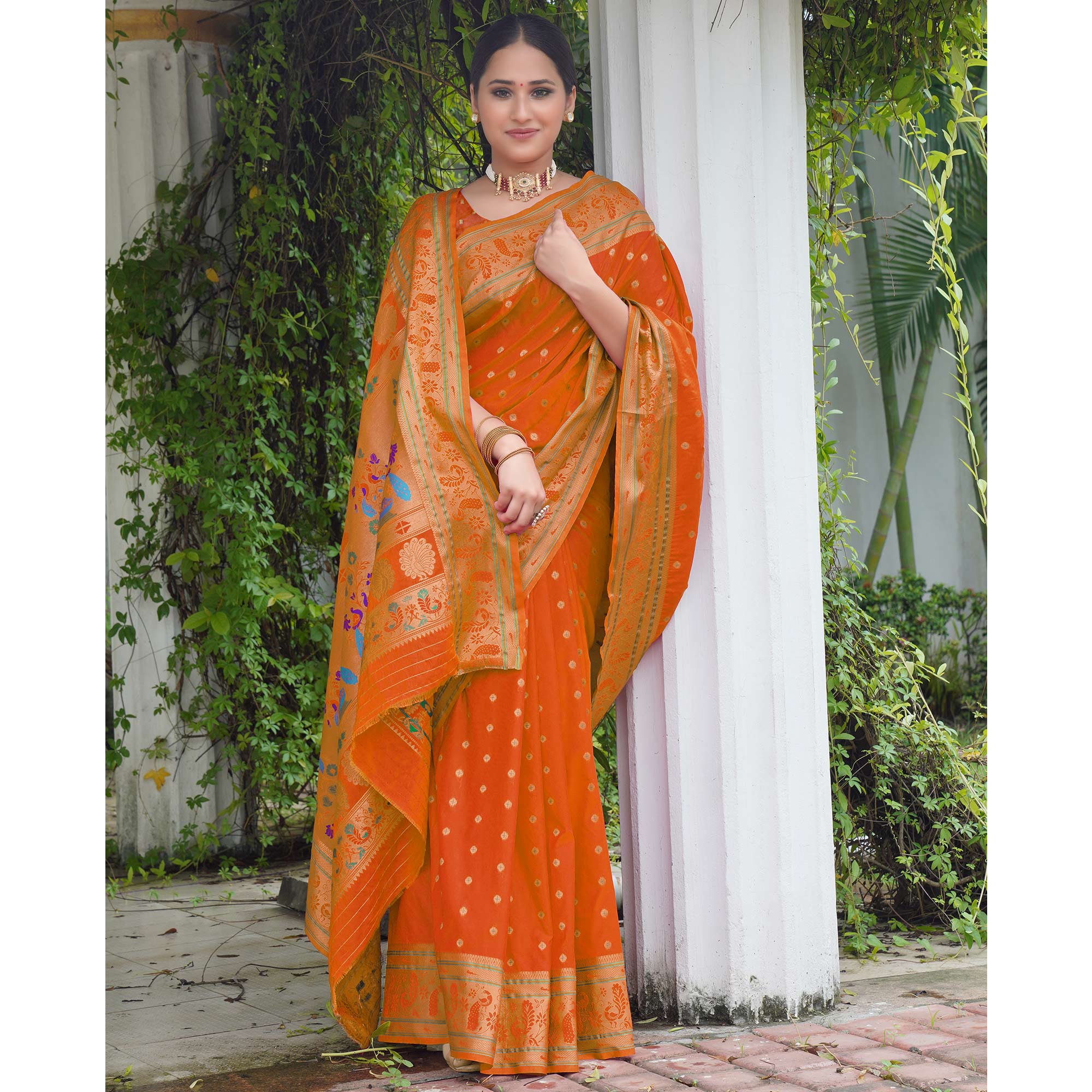 Orange Woven Paithani Art Silk Saree