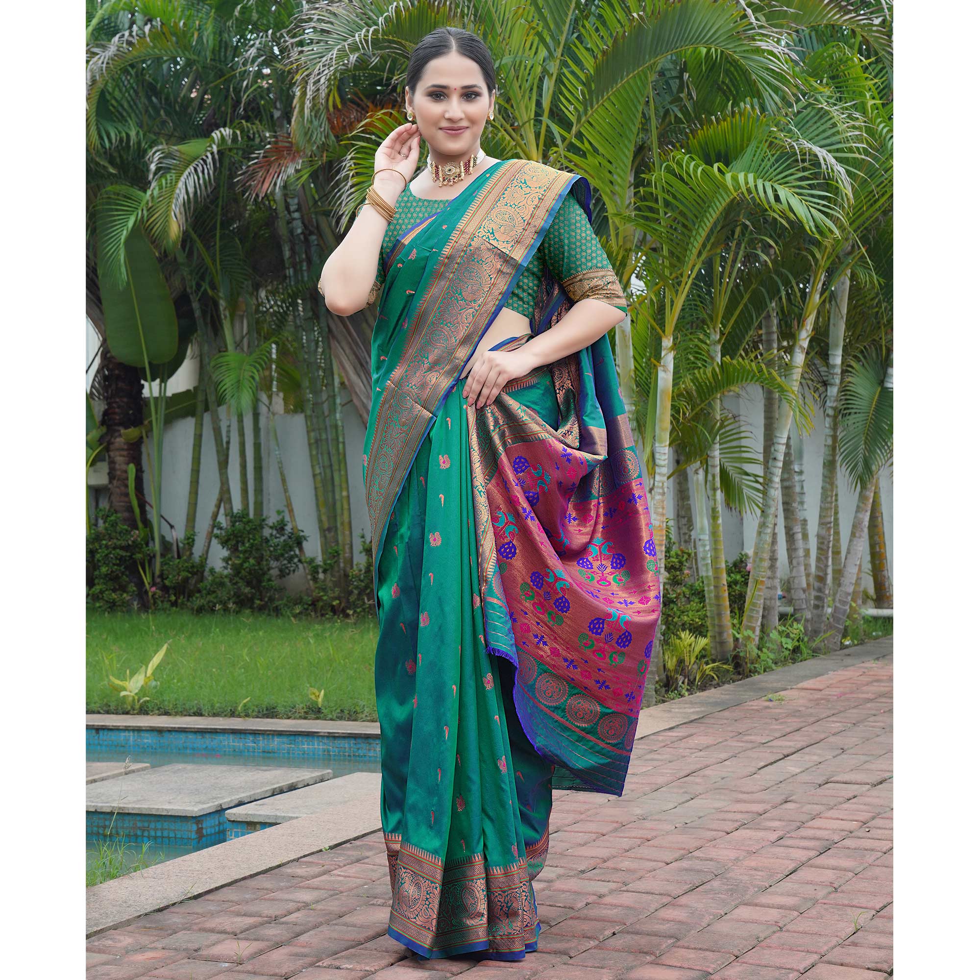 Rama Green Woven Paithani Art Silk Saree