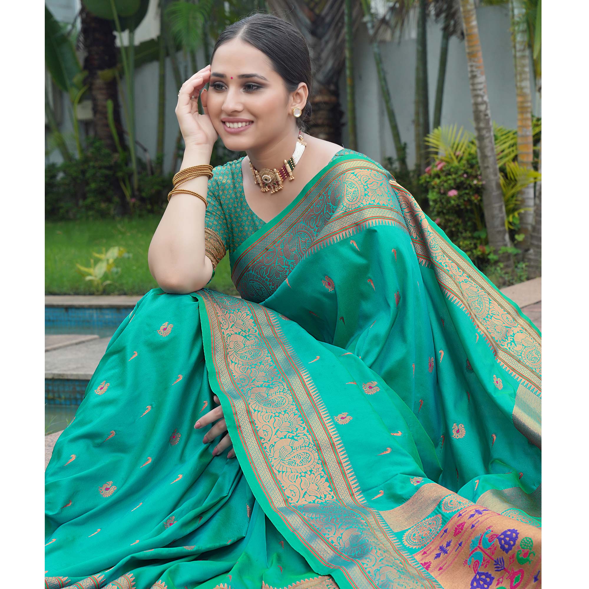 Turquoise Woven Paithani Art Silk Saree