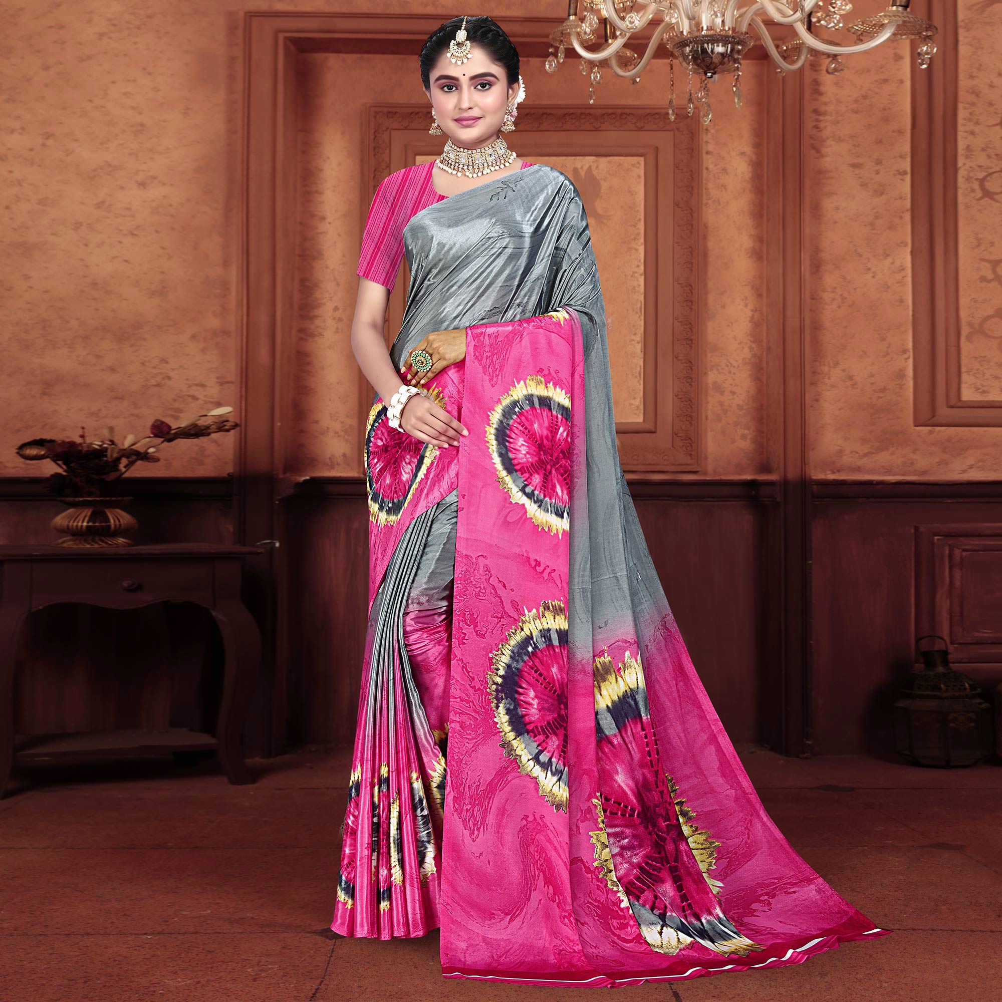 Grey & Pink Printed Crepe Silk Saree