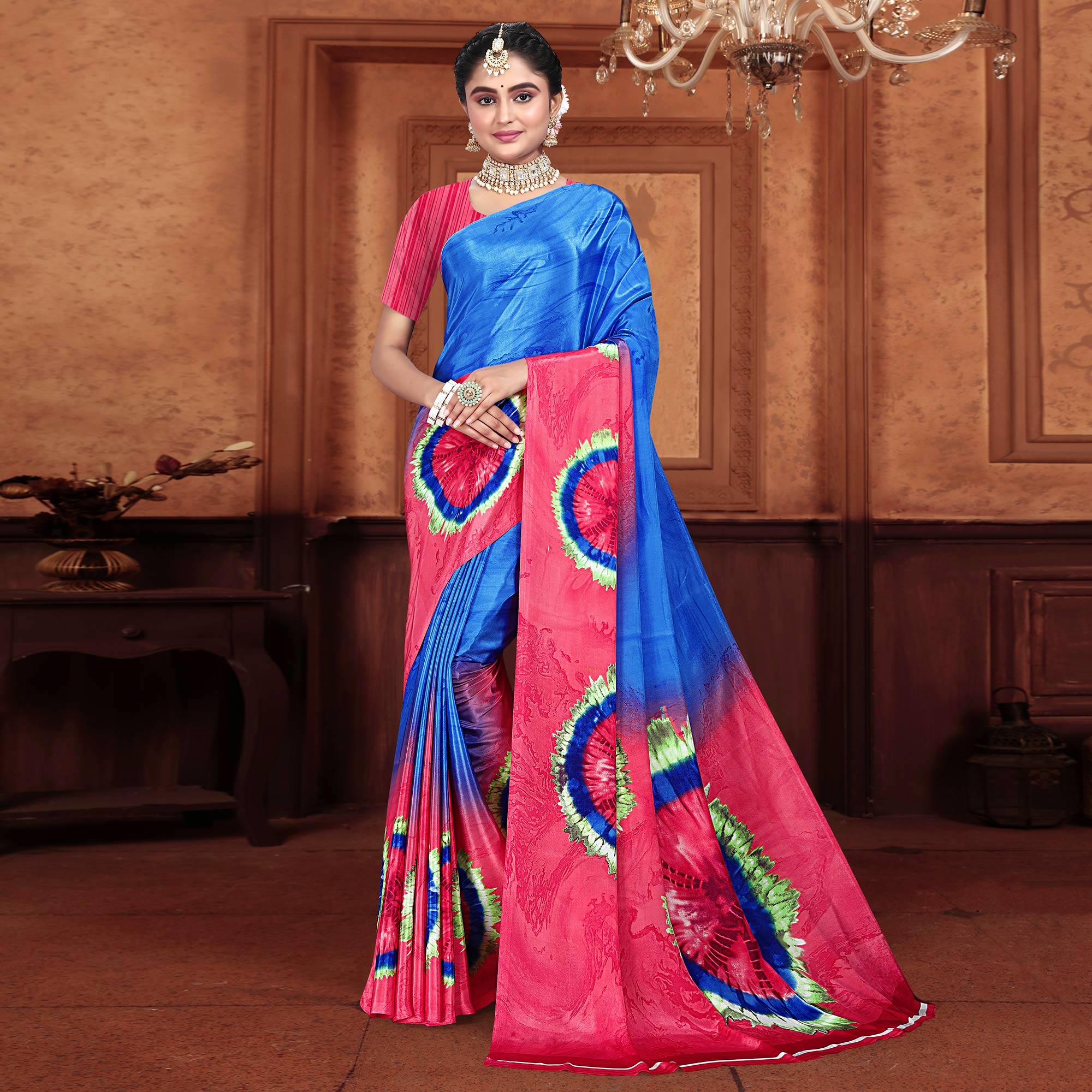 Blue & Pink Printed Crepe Silk Saree