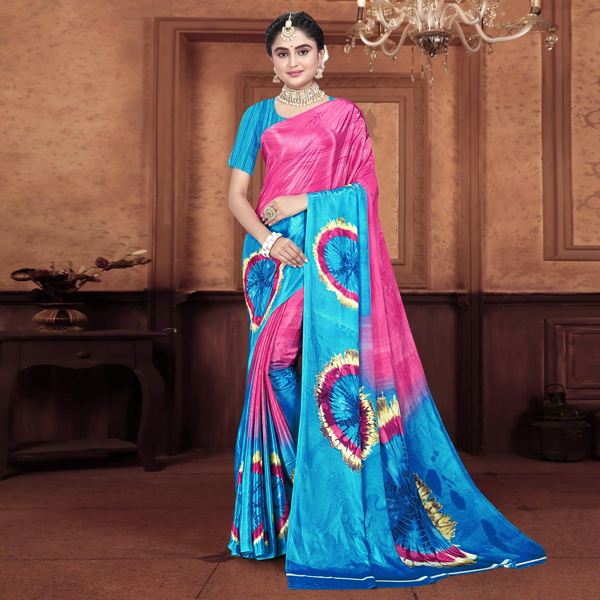 Turquoise & Pink Printed Crepe Silk Saree