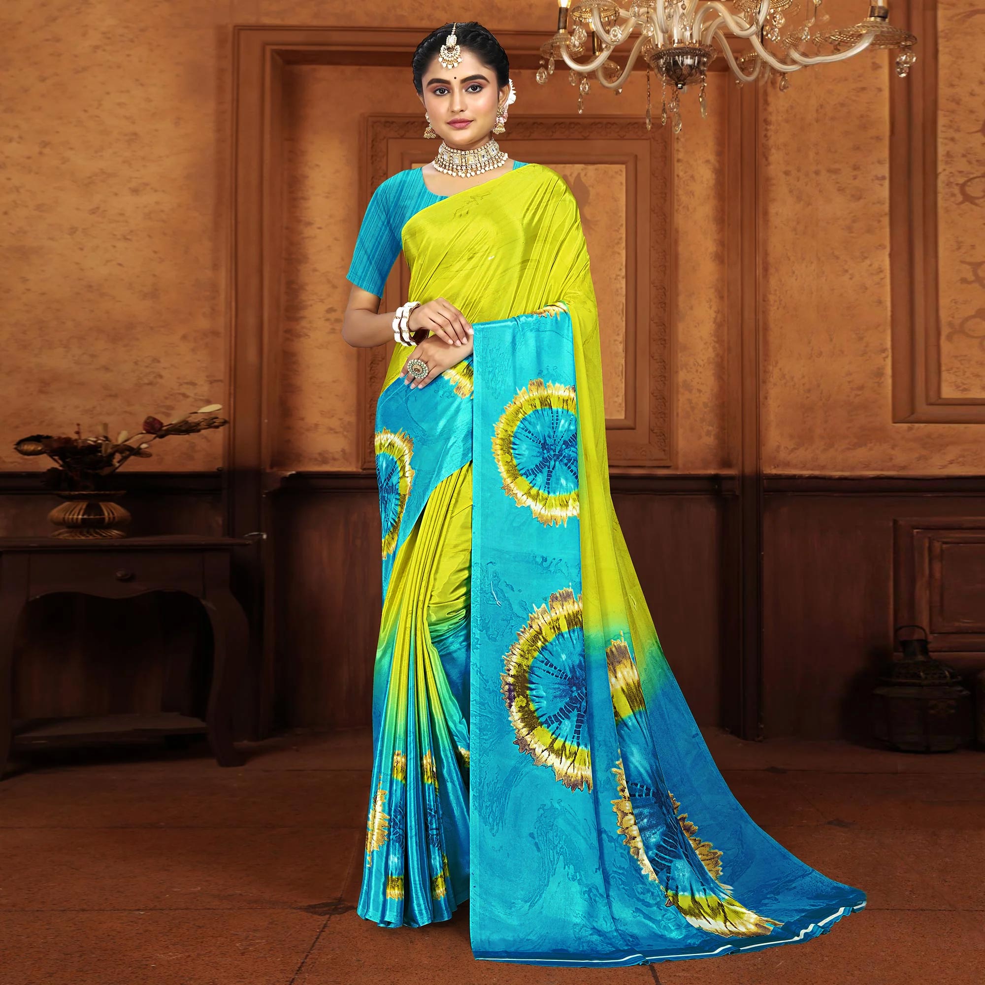 Green & Turquoise Printed Crepe Silk Saree