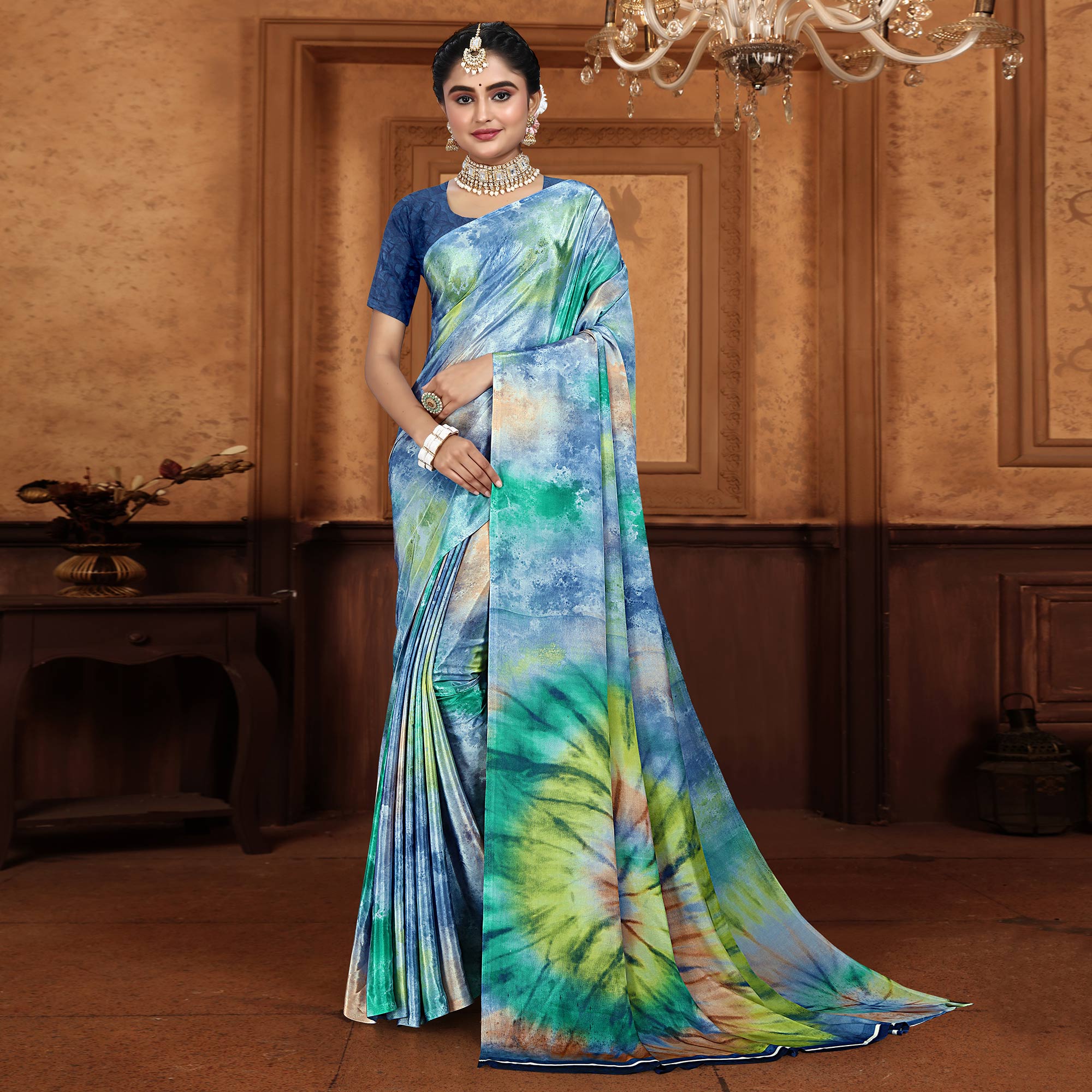 Blue Printed Crepe Silk Saree