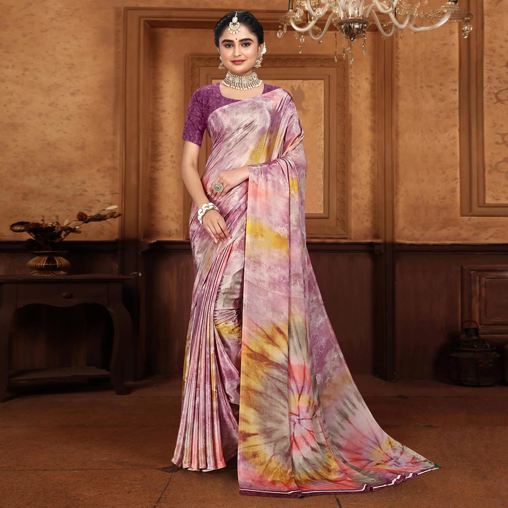 Purple Printed Crepe Silk Saree