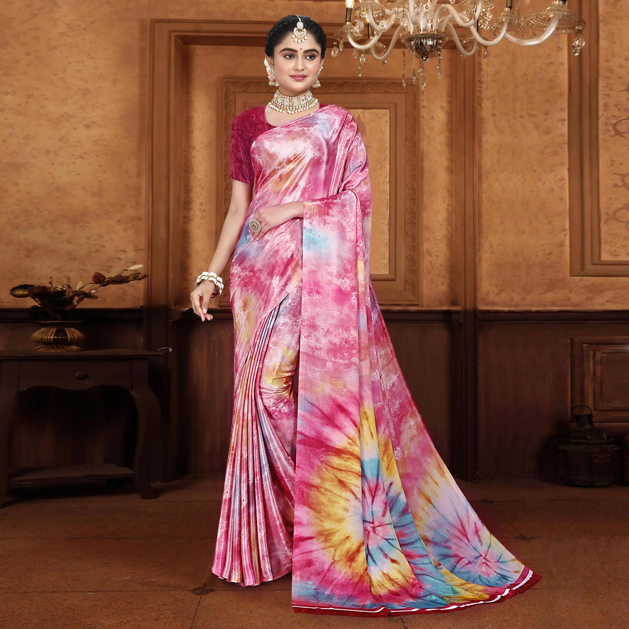 Pink Printed Crepe Silk Saree