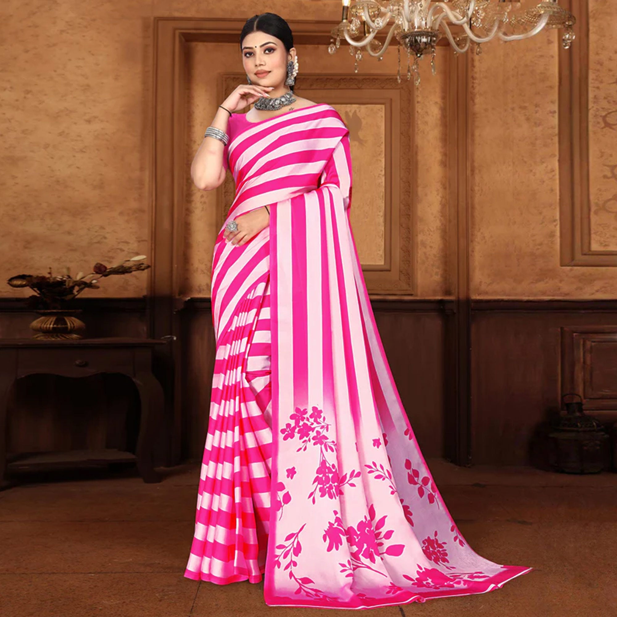 Pink Striped Digital Printed Georgette Saree