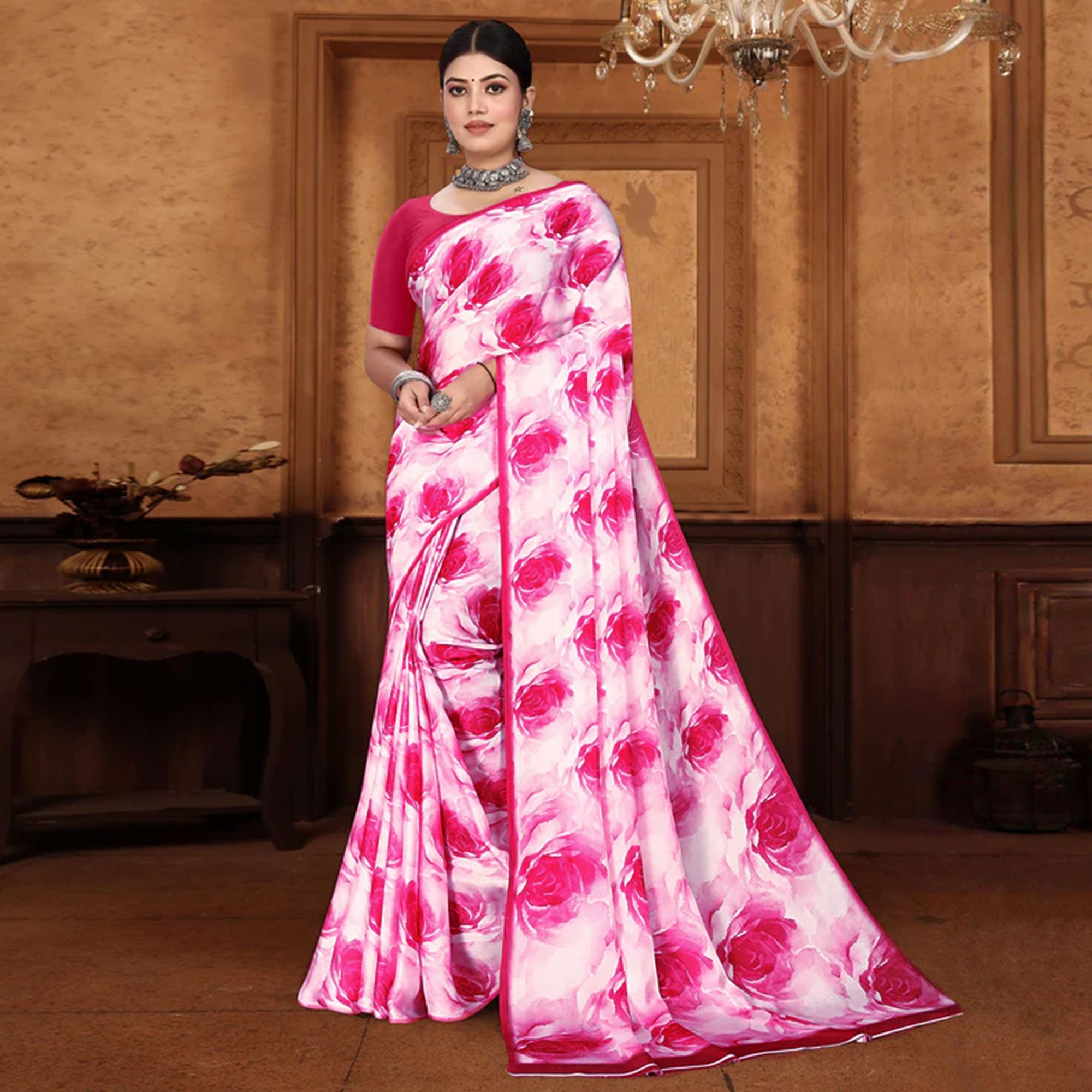 Pink Floral Digital Printed Georgette Saree