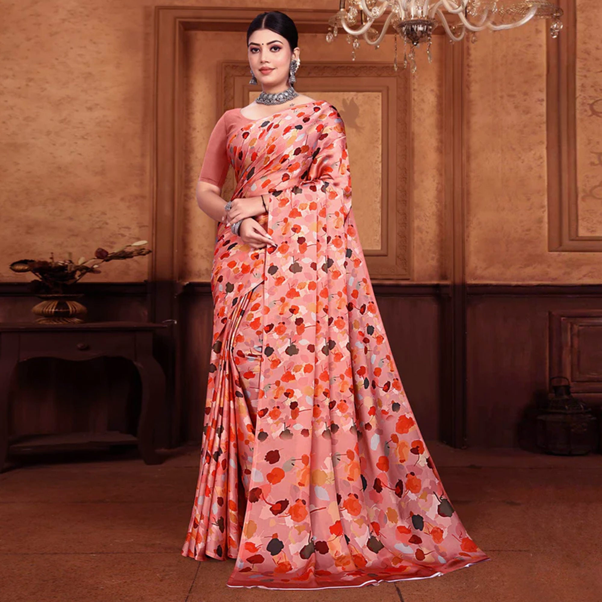 Peach Floral Digital Printed Georgette Saree