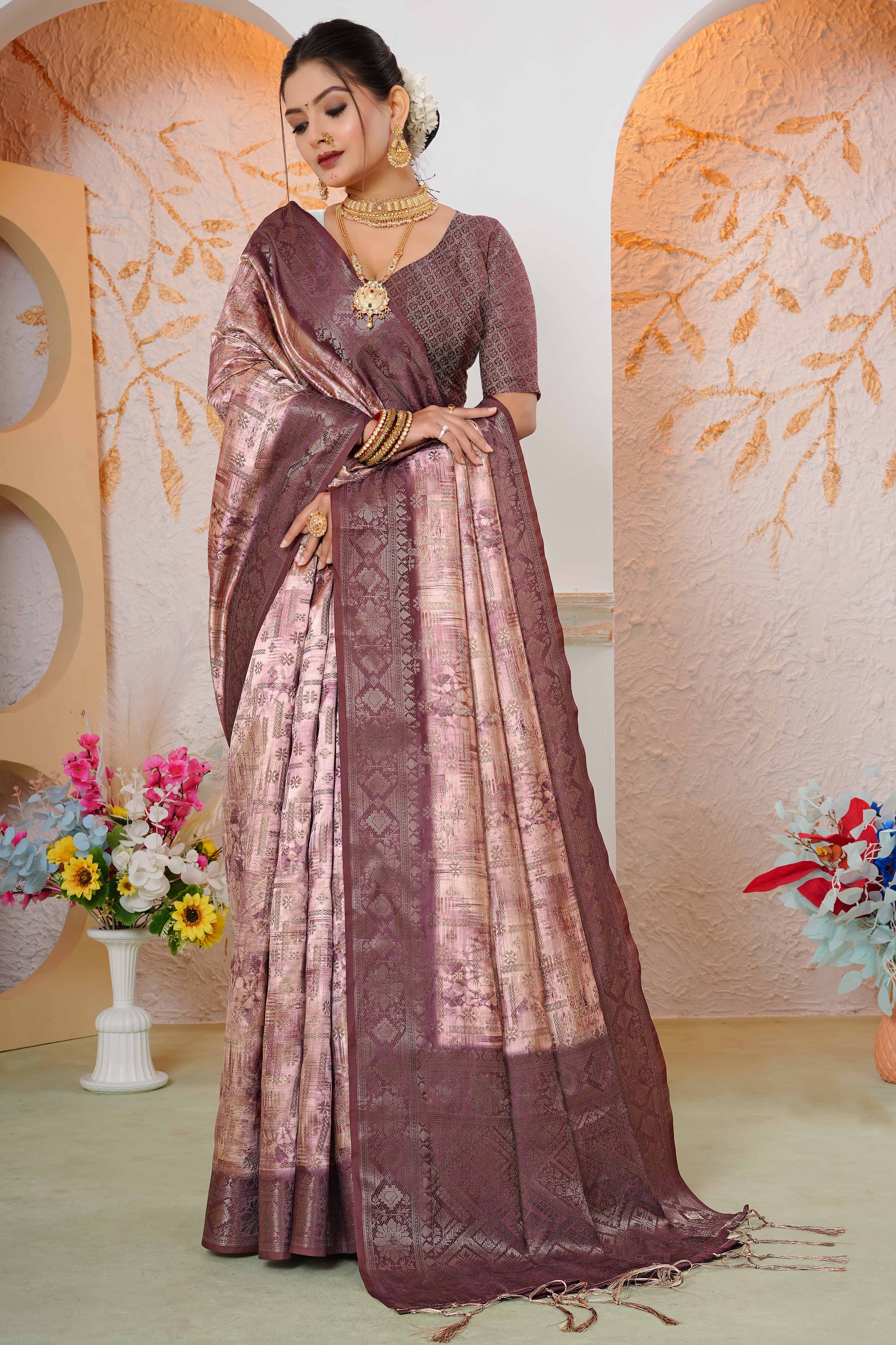 Premium Peach Woven & Digitally Printed Silk Saree with Stylish Tassel Pallu