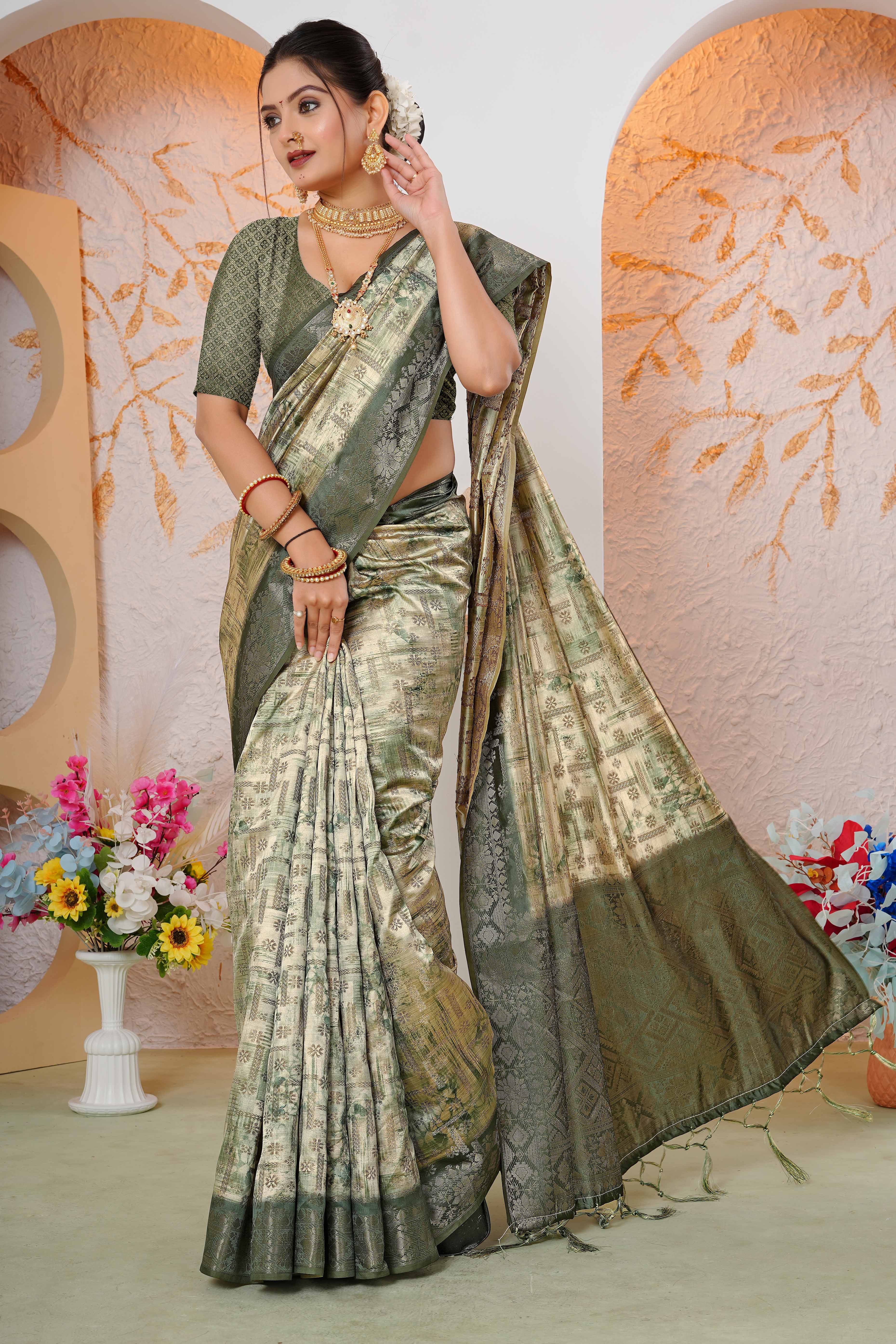 Premium Green Woven & Digitally Printed Silk Saree with Stylish Tassel Pallu