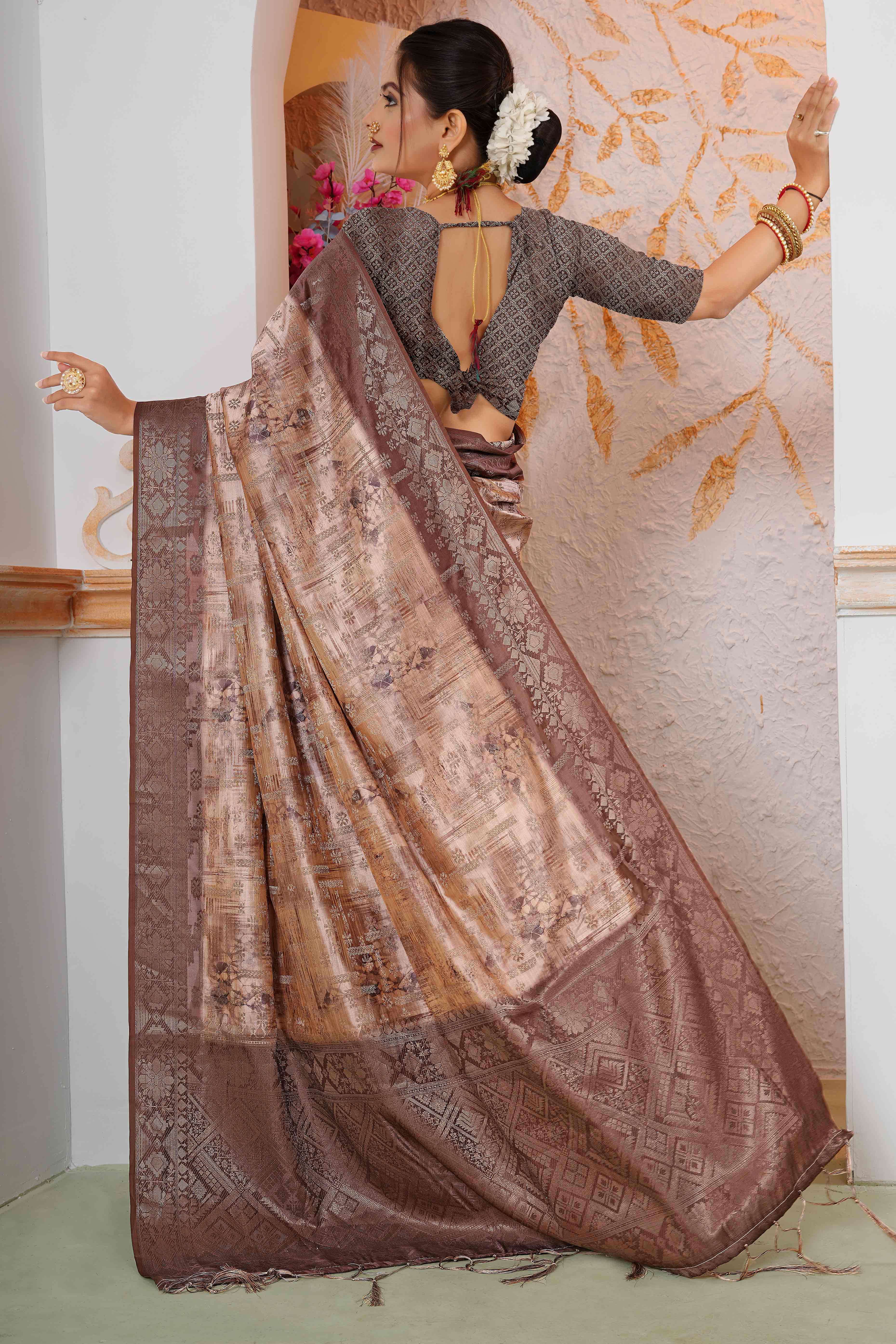 Premium Brown Woven & Digitally Printed Silk Saree with Stylish Tassel Pallu