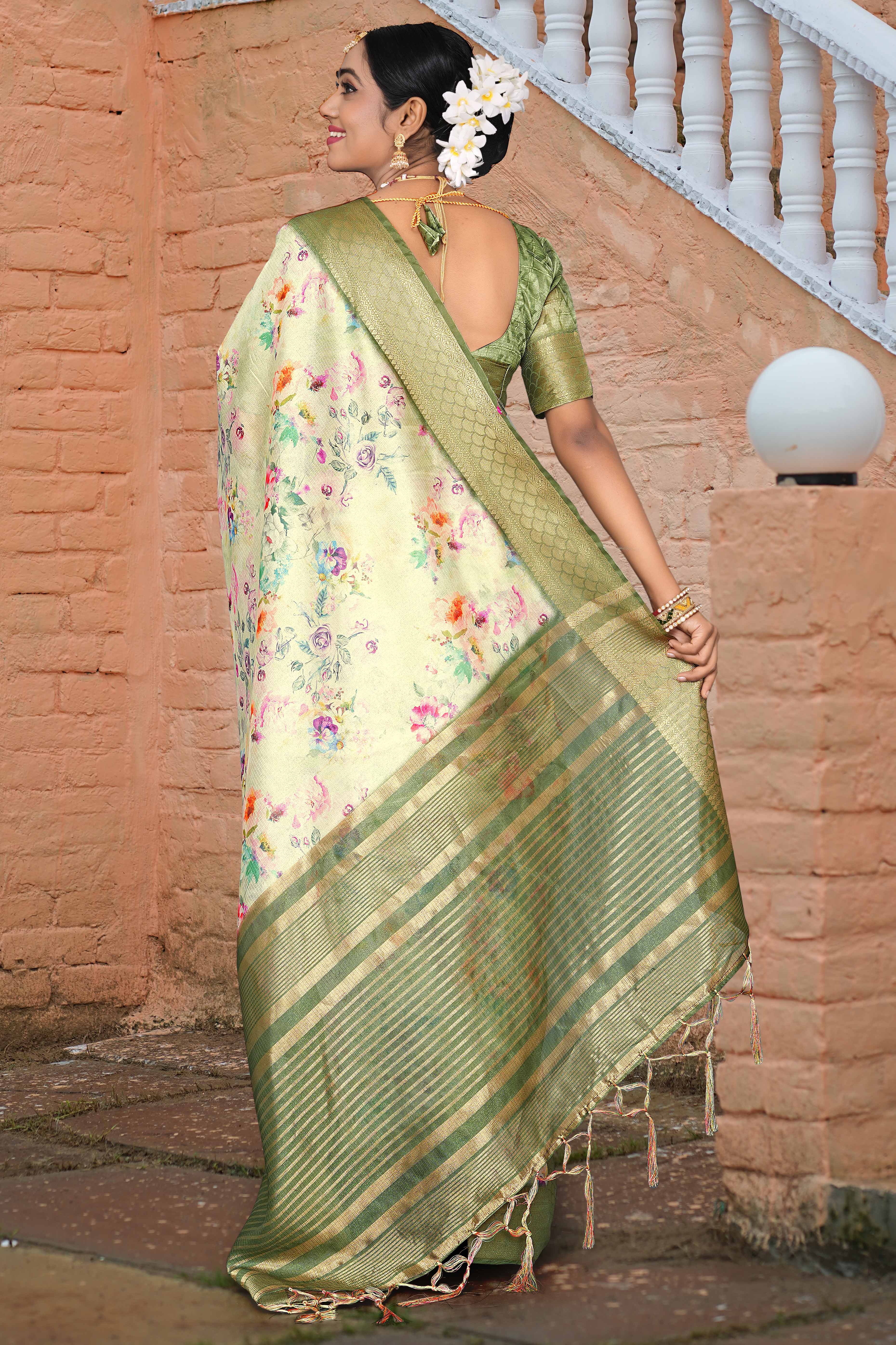 Pista Green Floral Digital Printed Silk Blend Saree With Intricate Weaving Border & Tassel Pallu