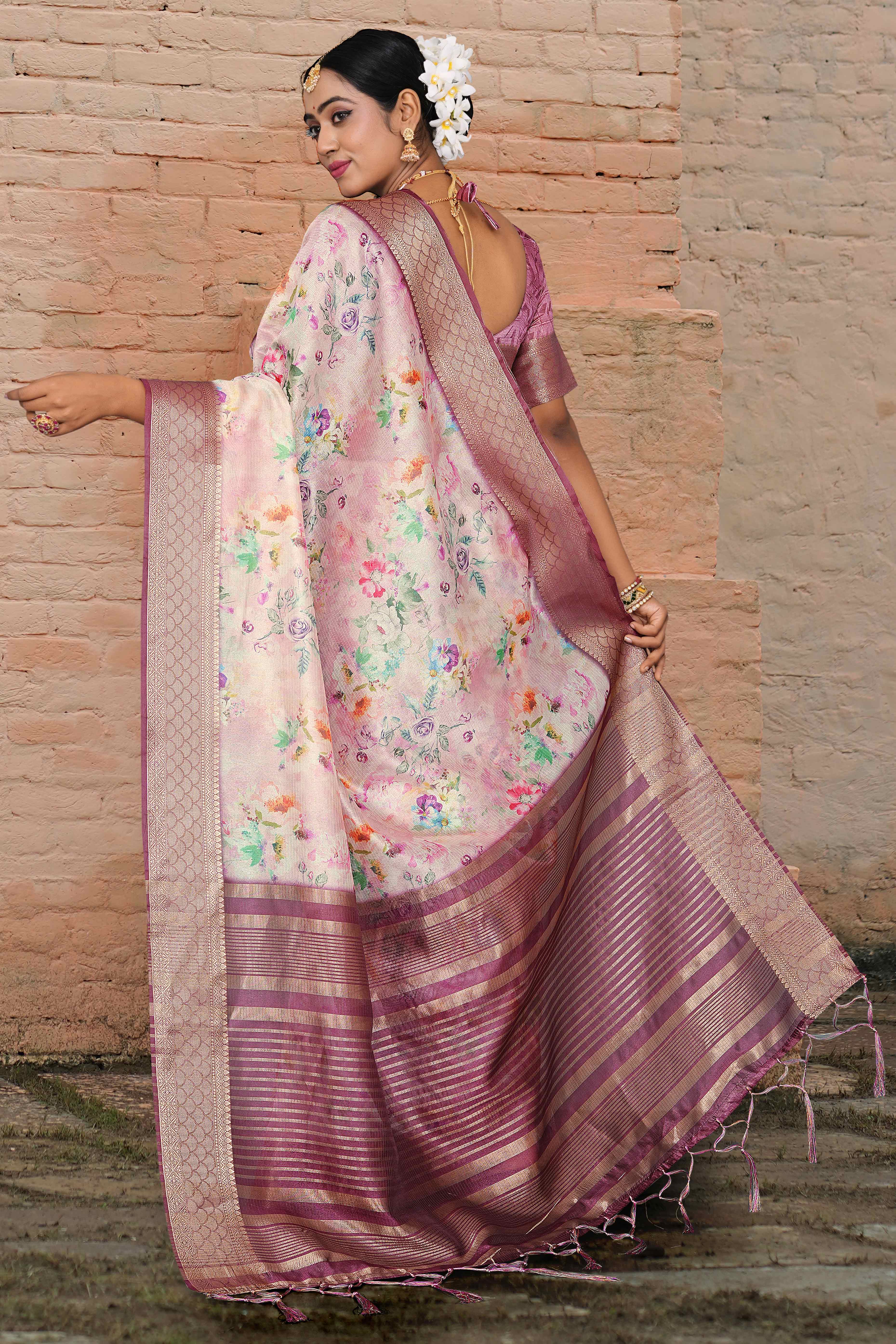 Pastel Pink Floral Digital Printed Silk Blend Saree With Intricate Weaving Border & Tassel Pallu