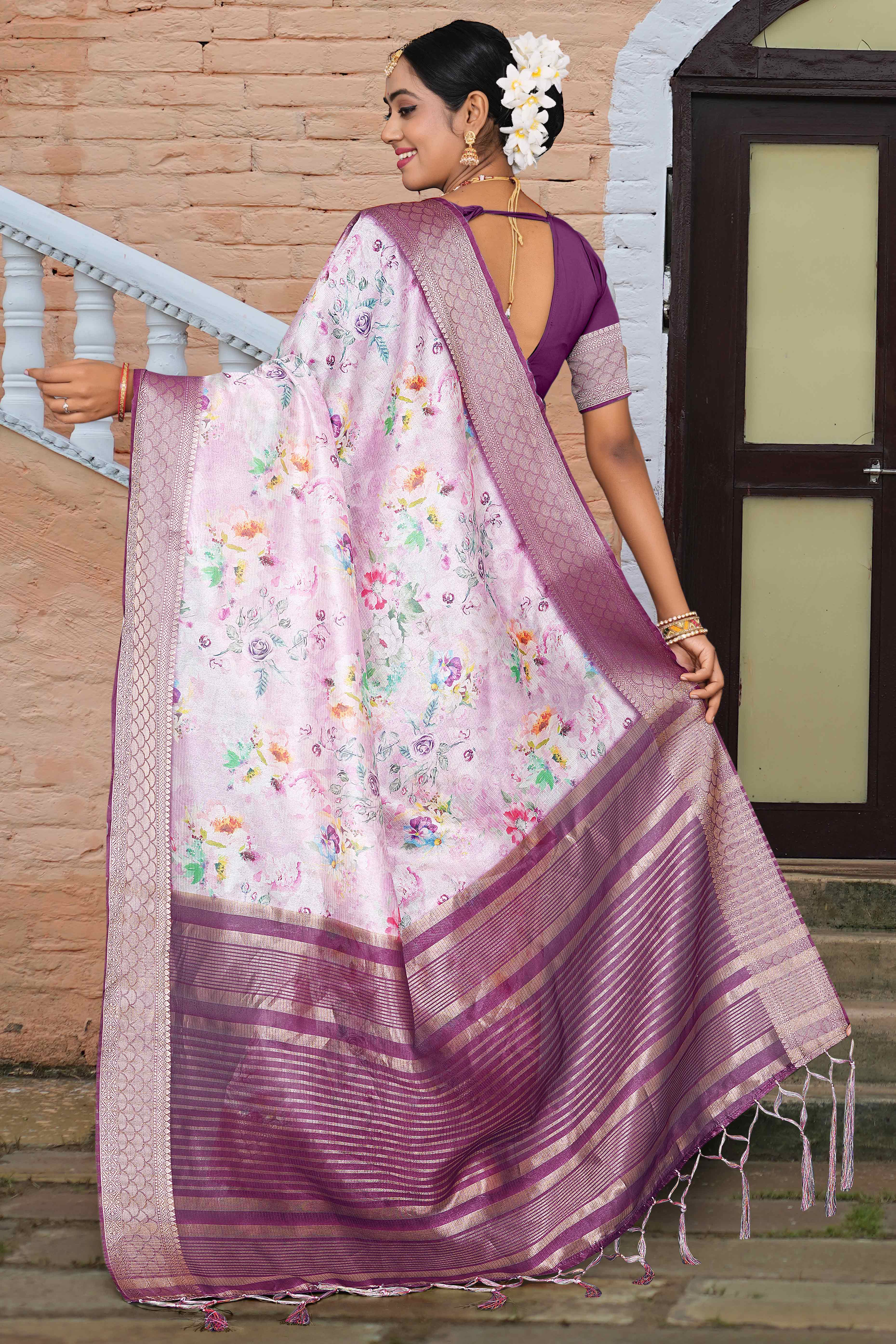 Light Purple Floral Digital Printed Silk Blend Saree With Intricate Weaving Border & Tassel Pallu