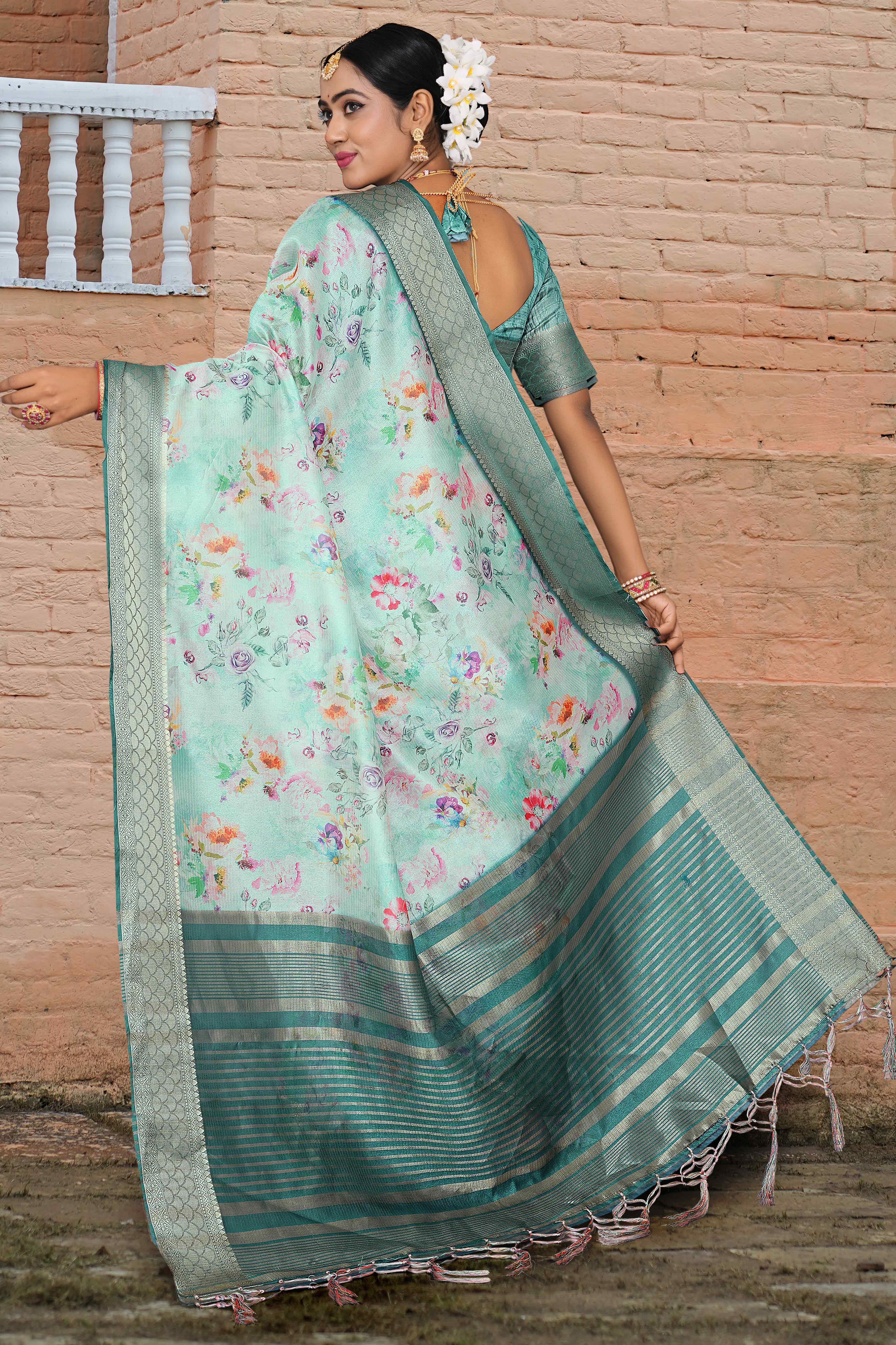 Pale Turquoise Floral Digital Printed Silk Blend Saree With Intricate Weaving Border & Tassel Pallu