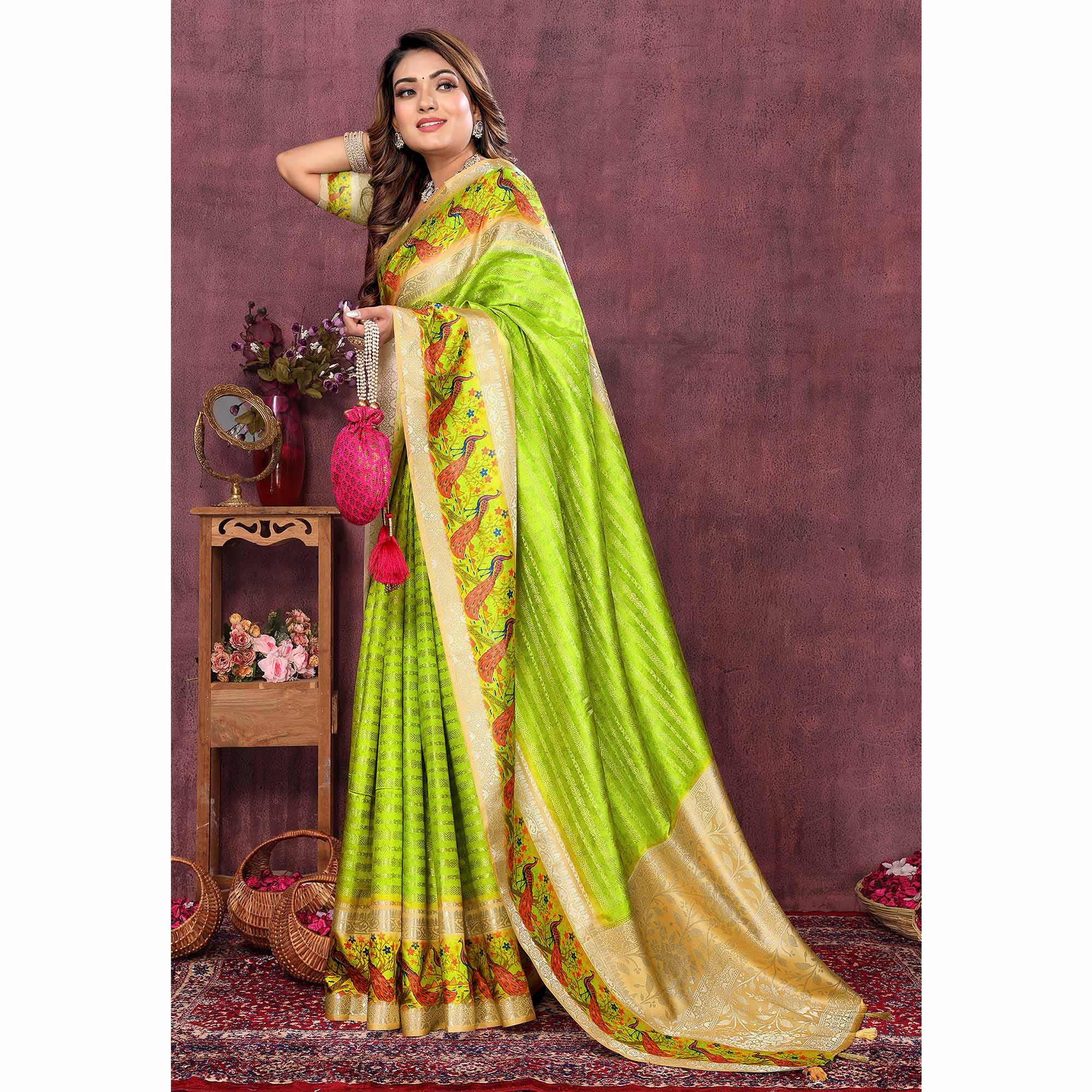Green Woven With Digital Printed Raw Silk Saree