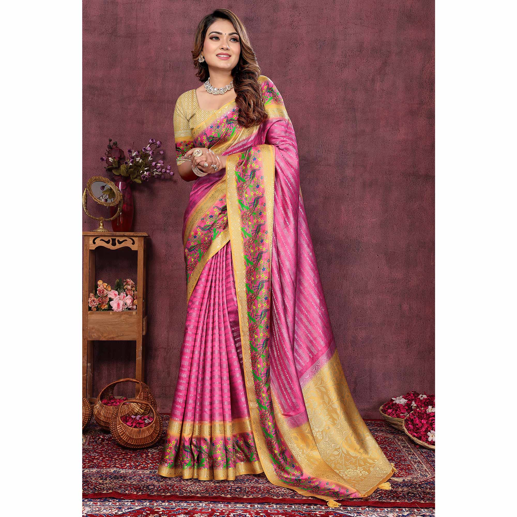 Pink Woven With Digital Printed Raw Silk Saree
