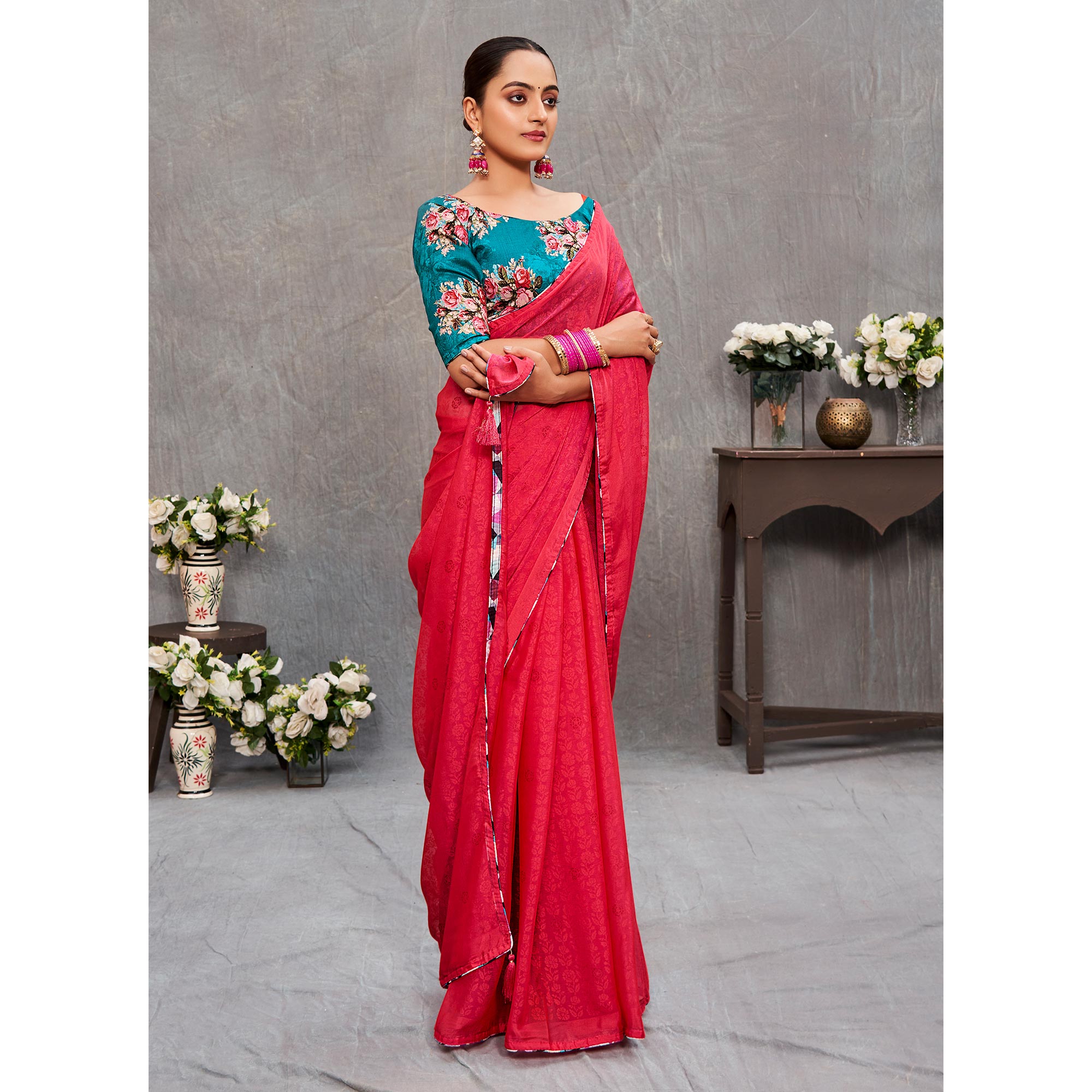 Pink Floral Printed Brasso Saree