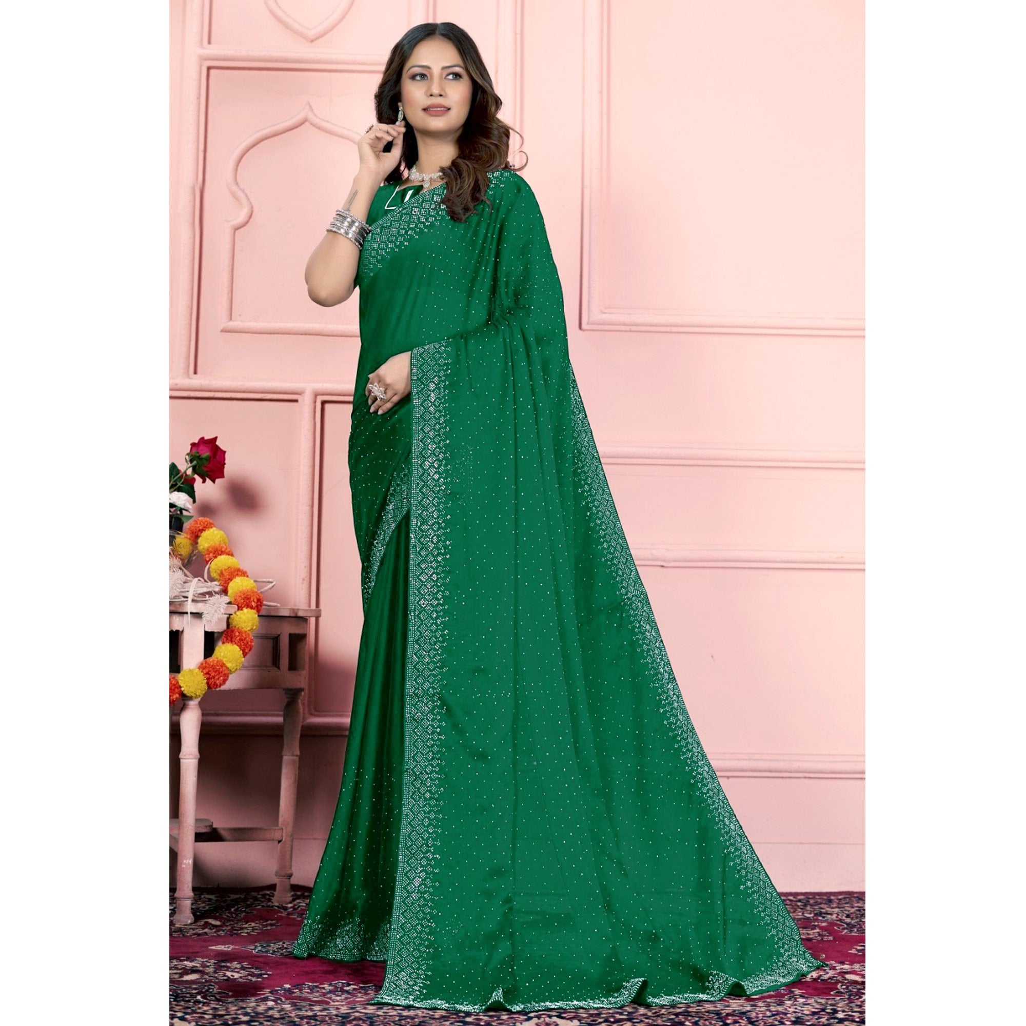 Green Swarovski Work Satin Saree