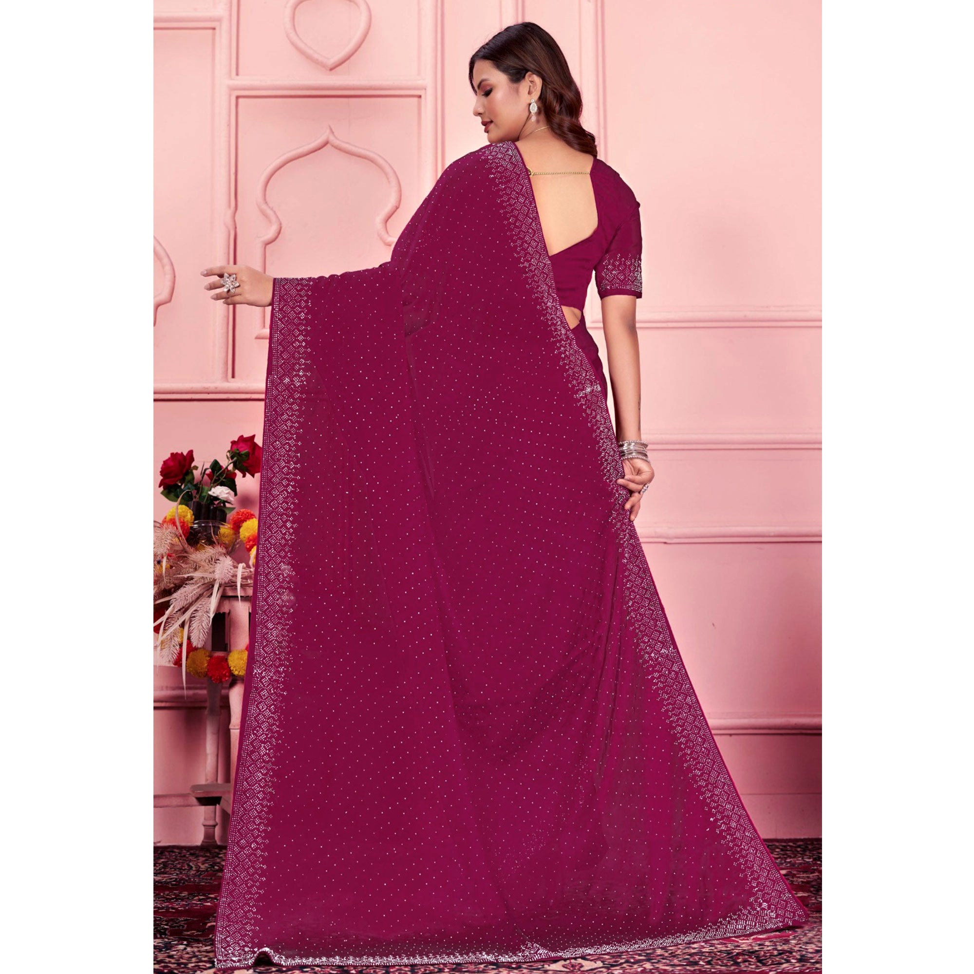 Rani Pink Swarovski Work Satin Saree