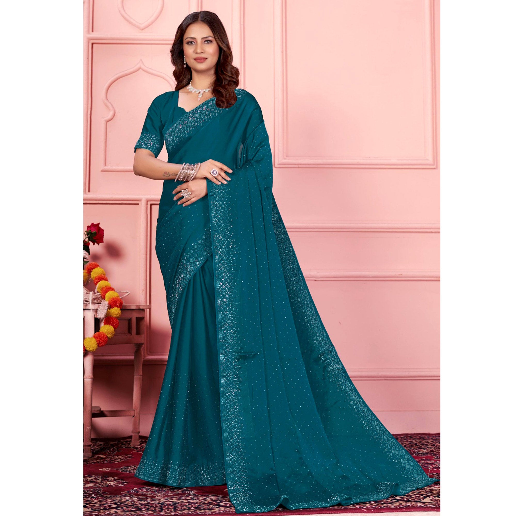 Teal Swarovski Work Satin Saree
