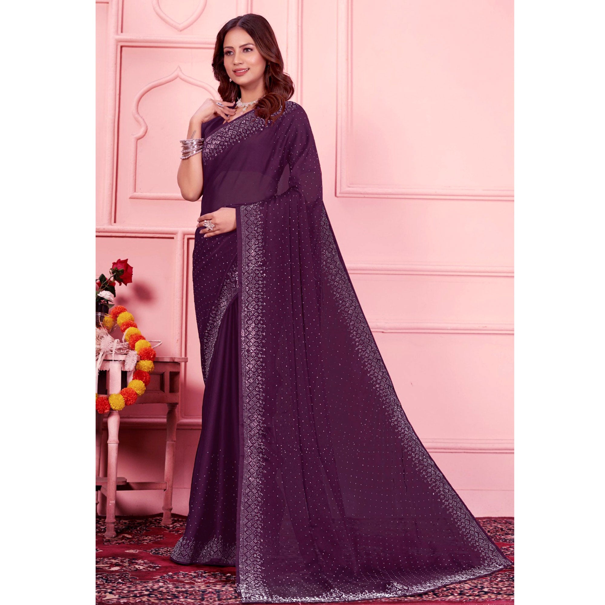 Wine Swarovski Work Satin Saree